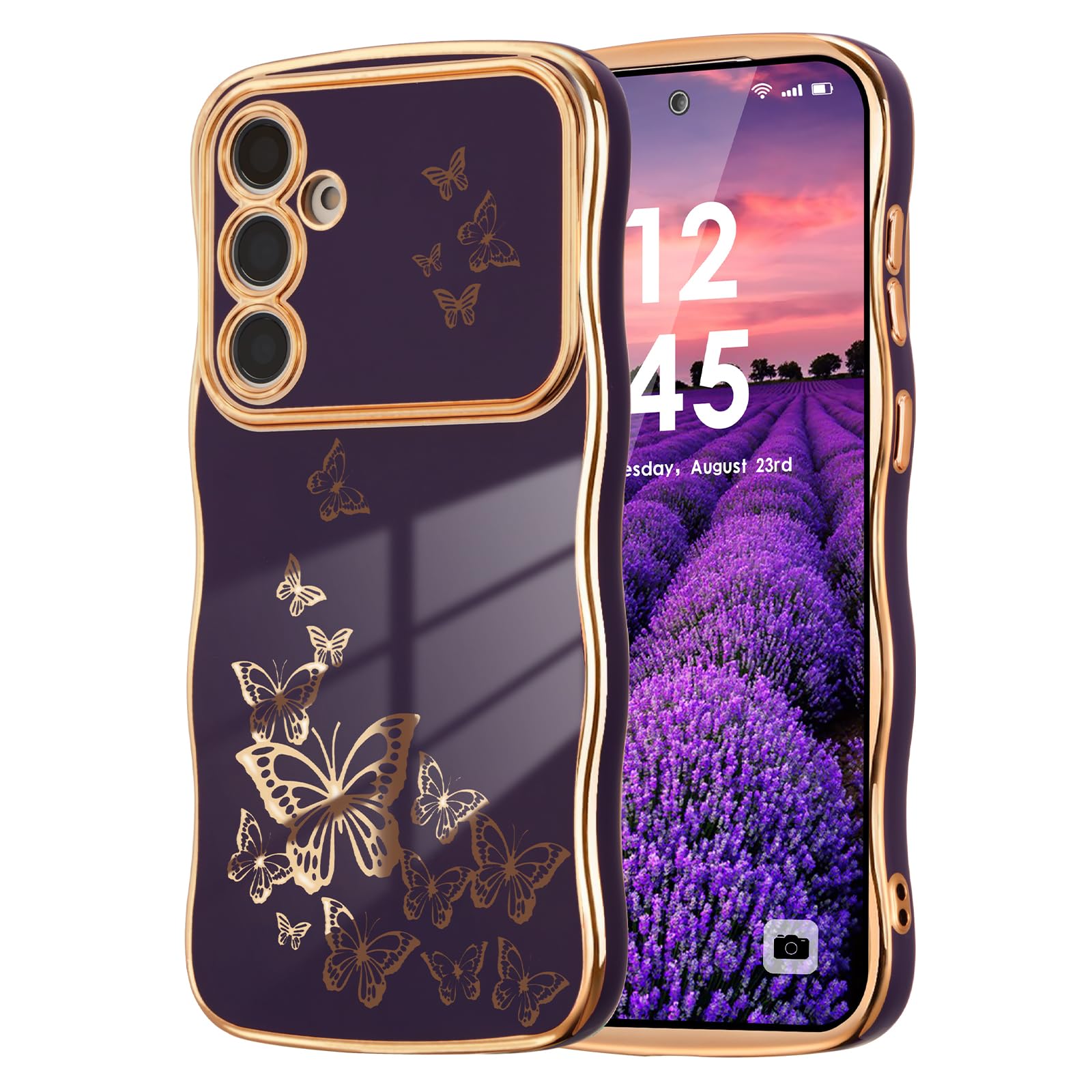 ZTOFERA for Samsung Galaxy S24 FE Case Cute for Girl Women, Curly Wave Frame & Luxury Plating Butterfly Pattern, Slim Soft TPU Shockproof Protective Phone Case for Samsung S24 FE,Dark Purple