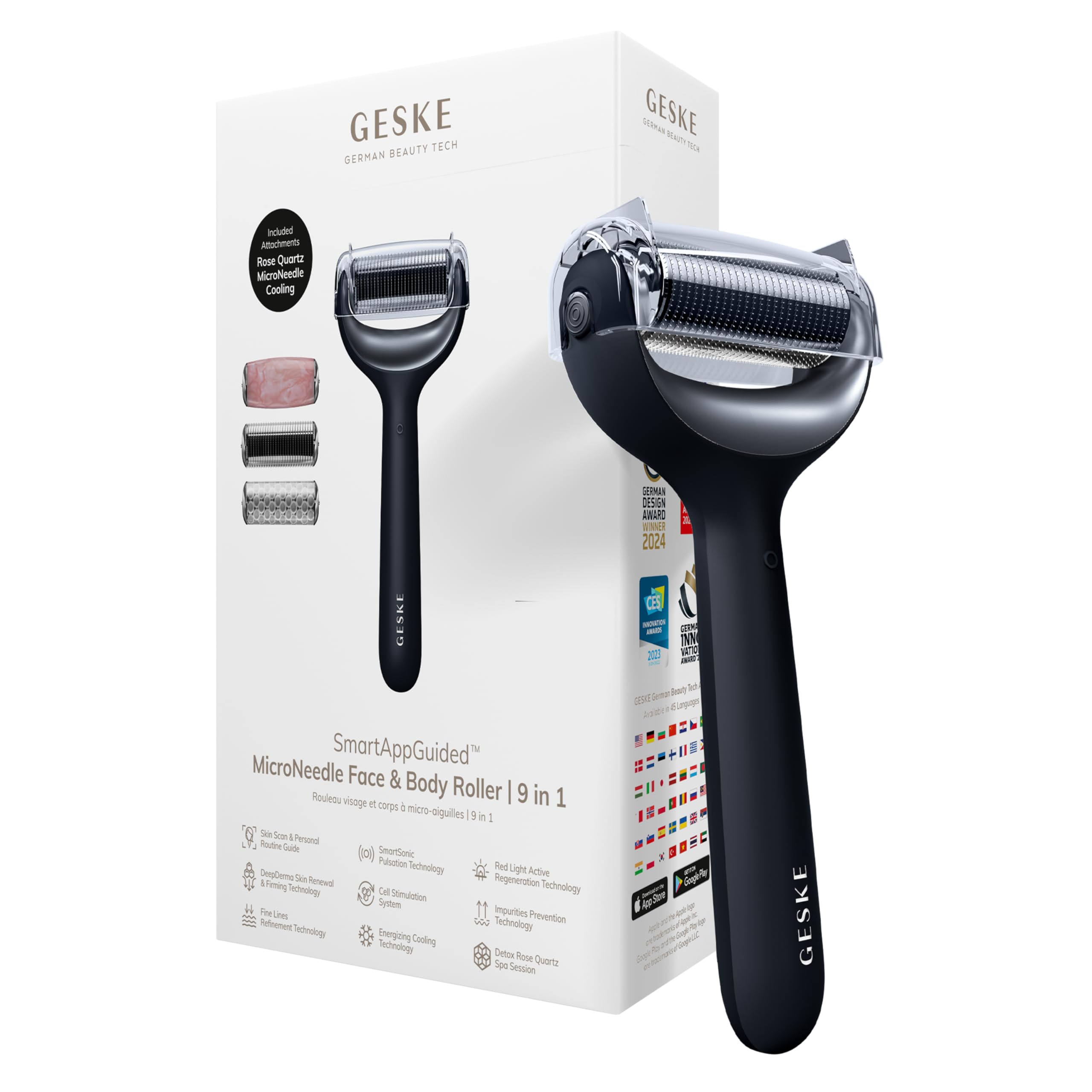 GESKE | Roller viso & corpo microaghi SmartAppGuided™ | 9 in 1 | Derma Roller | con quarzo rosa |Roller elettrico | Microaghi | Dispositivo per microneedling | Roller con microaghi