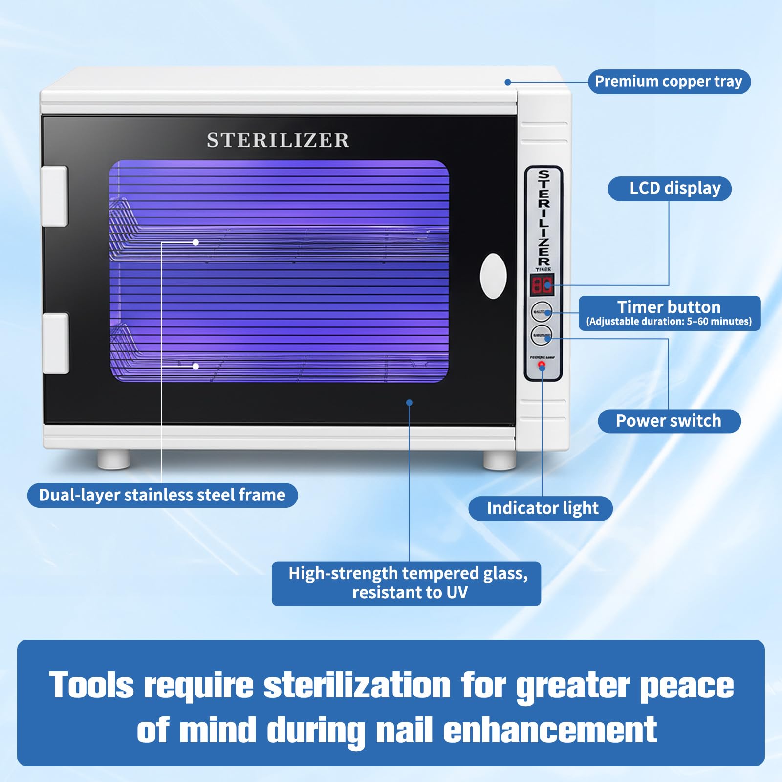UV Desinfektionsschrank mit 10L Fassungsvermögen, Professioneller Sterilisator für Instrumente aus Metall mit 60-Minuten Timer, 360° Desinfektion für Nagelstudios, Friseure, Kosmetik und Haushalte