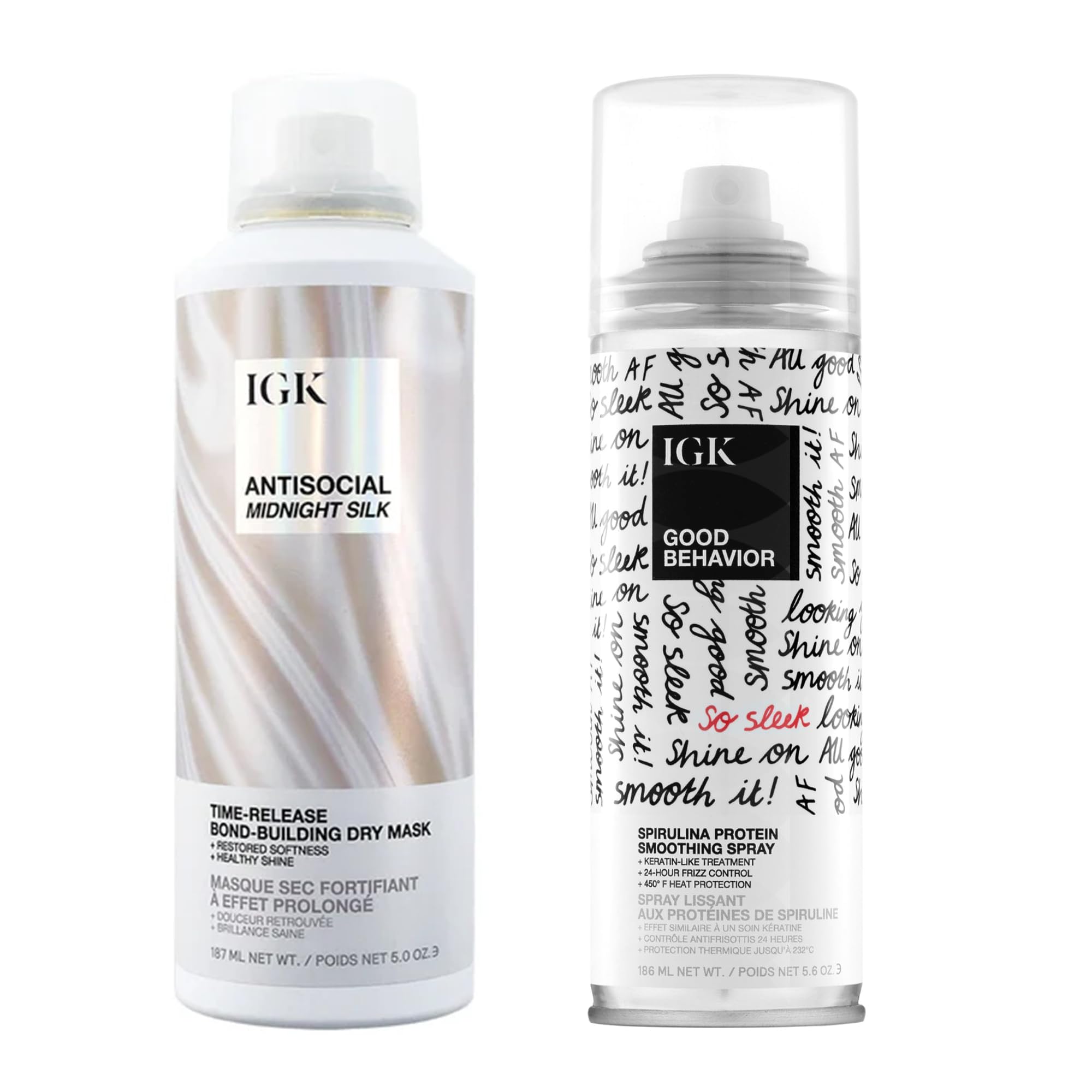 IGK Hair Treatment Full Size Set | Antisocial Dry Hair Mask + Good Behavior Spirulina Spray | Overnight Bond-Building + Keratin Like Smoothing Spray | Set of 2 - New and Improved Scent