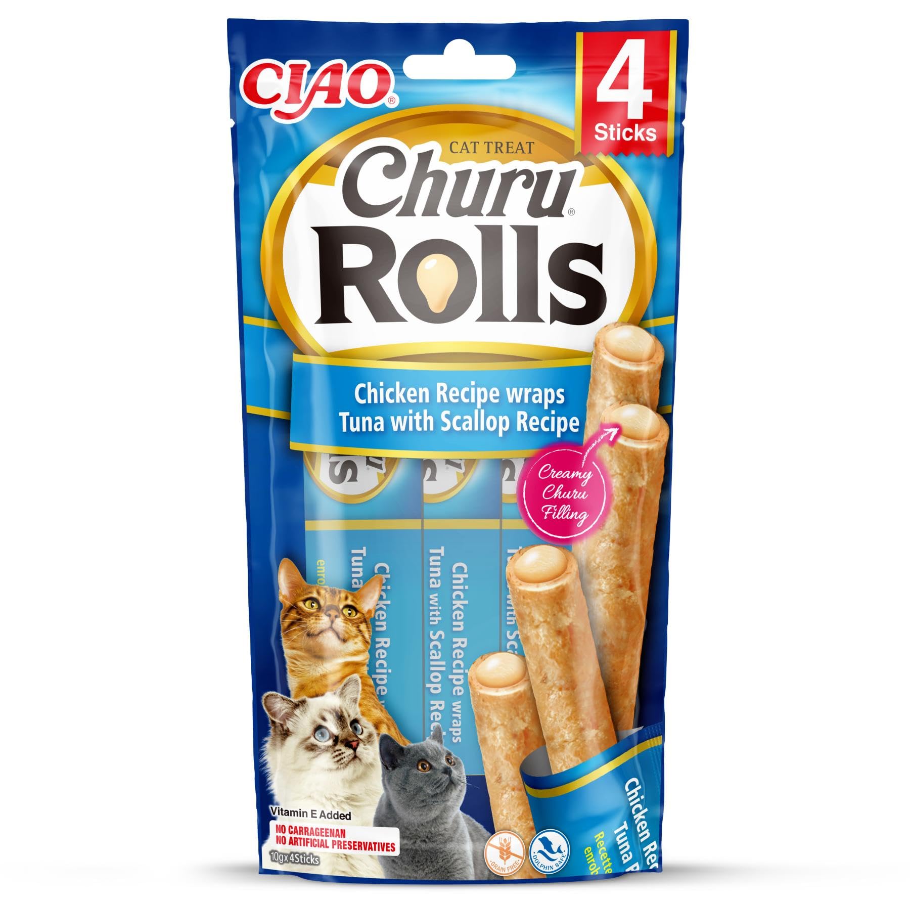 INABA Churu Rolls Gatos - Receta Saludable de Atún Recubierto de Vieira - Golosinas para Dar de Comer con la Mano - Deliciosos Snacks con Relleno cremoso - Atún Recubierto de Vieira - 480g (48x10g)