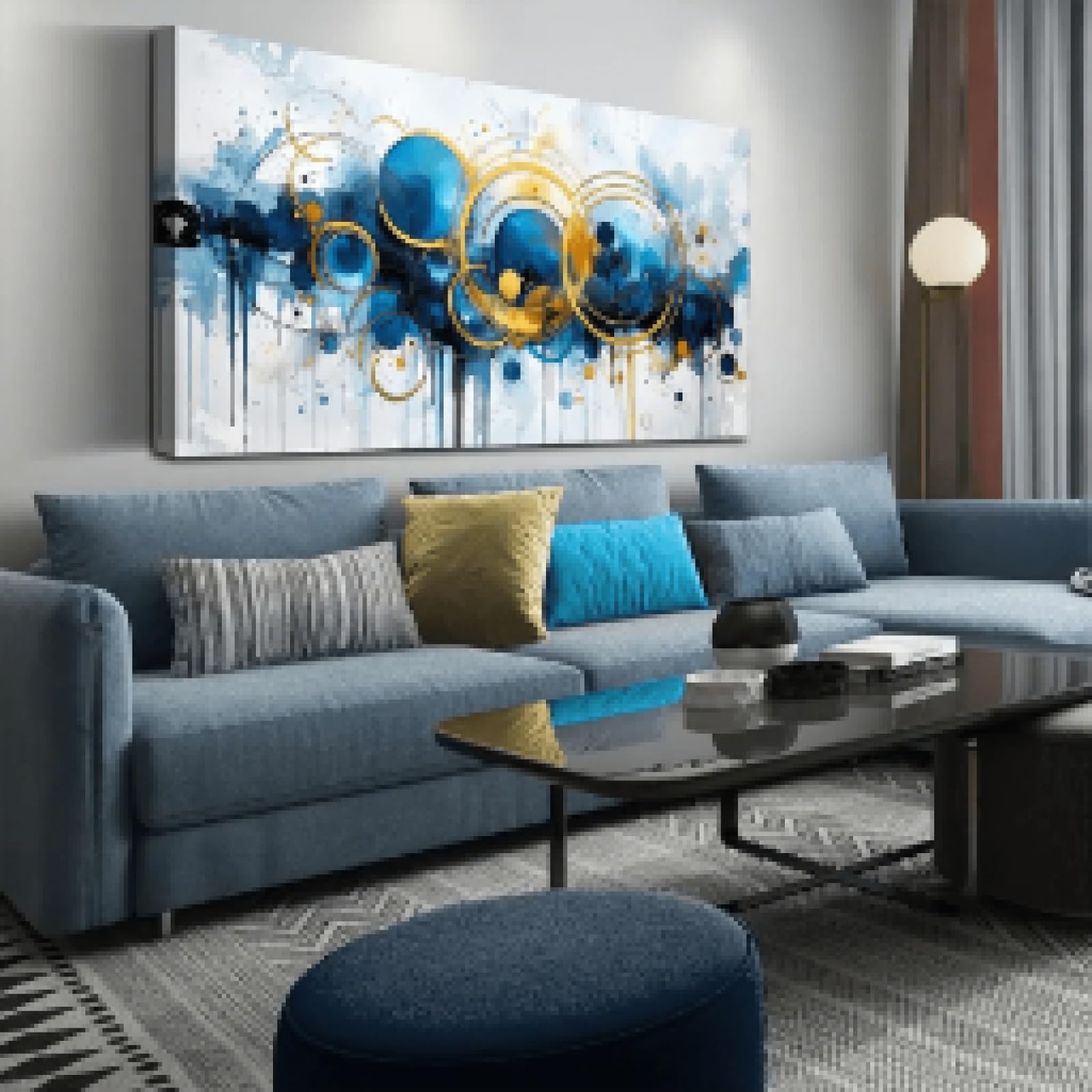 XBTYKPB Cuadro circular abstracto azul para pared - Decoración de pared para dormitorio - Cuadros para sala de estar - Cuadros y carteles de pared con marco de 55 x 110