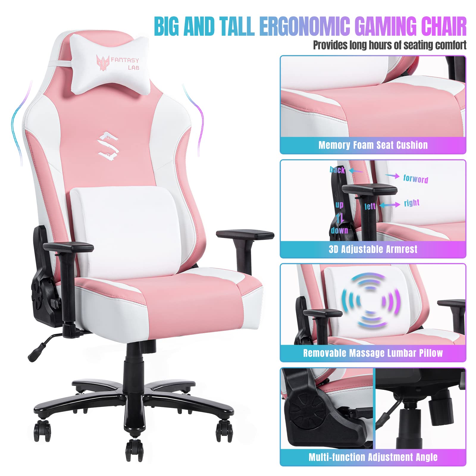 FANTASYLAB Big and Tall Gaming Chair 400lb Pink Gaming Chair Massage