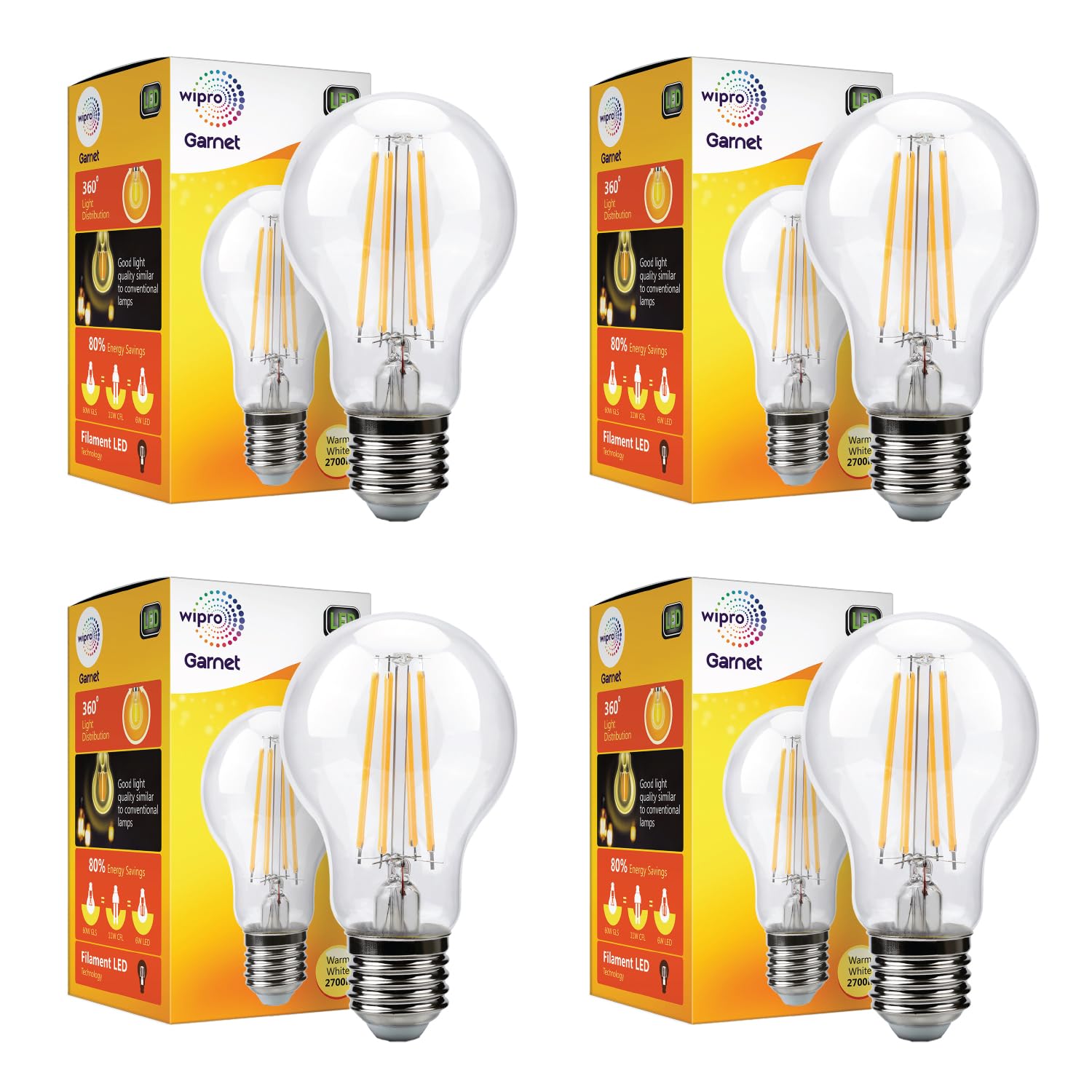 Wipro Garnet 6W A60 LED Filament Bulb | Decorative LED Bulb for Home & Office Decoration | Energy Efficient Filament Bulb comes with In-Built Surge Protection | E27, 2700K(Warm White, Pack of 4)-image-43