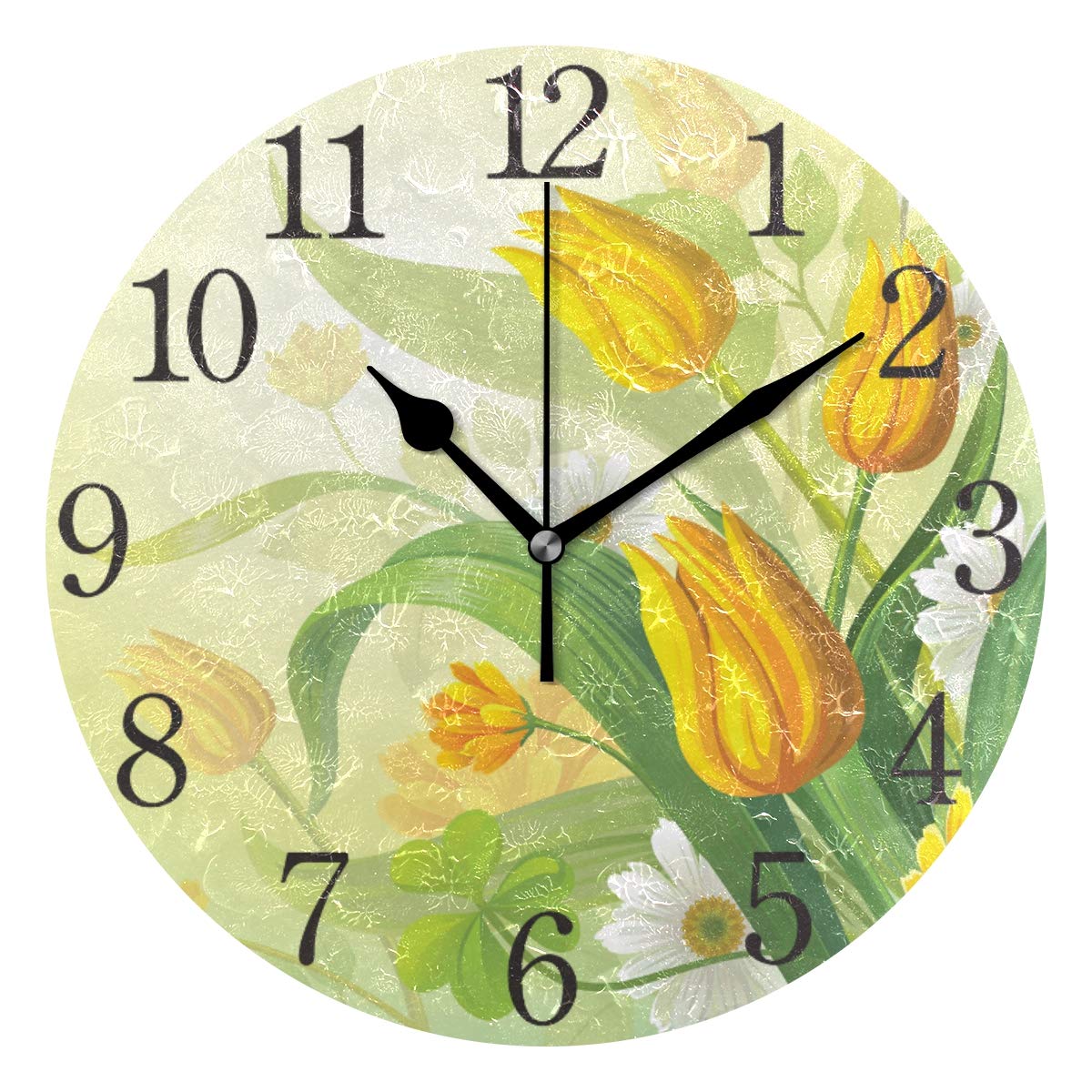 senya Wall Clock Silent 9.5 Inch Battery Operated Non Ticking Round Decorative Acrylic Quiet Clocks for Bedroom Office School Home (Yellow Tulip)