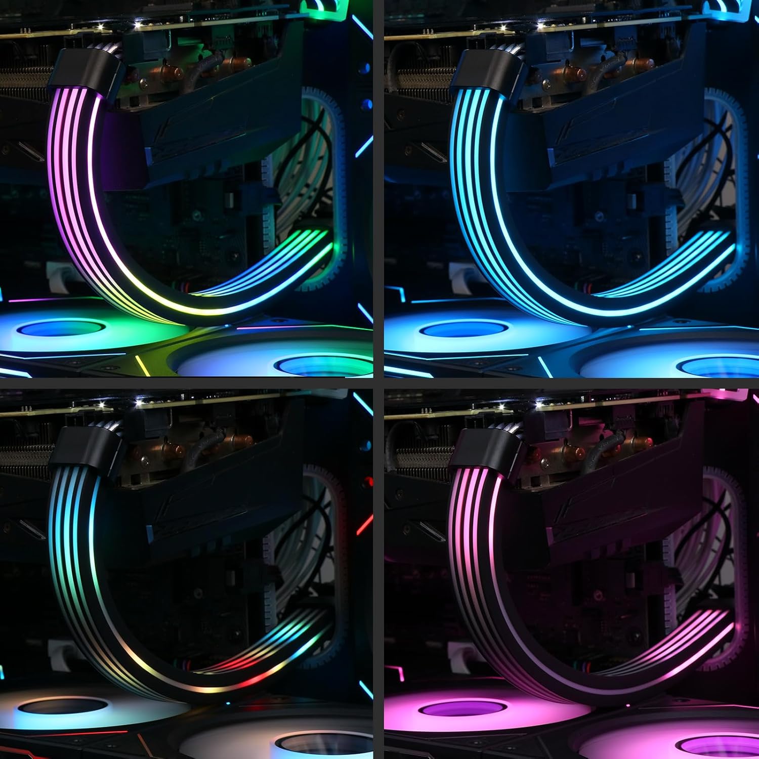 Four different lighting modes displayed on the Sirlyr RGB 8-Pin PCIe ARGB GPU Cable Extension, showing various color combinations and patterns.