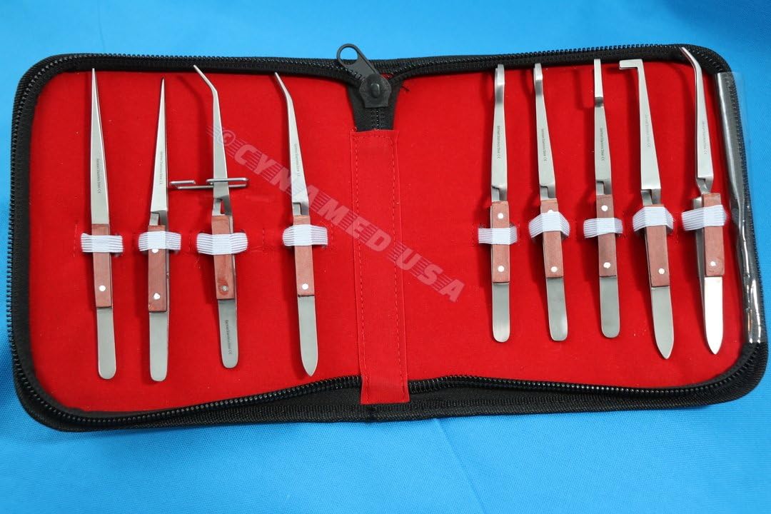 GERMAN SET OF 9 EACH TWEEZERS JEWELRY SOLDERING FIBER GRIP CROSS LOCKING SET BENT & STRAIGHT TIP