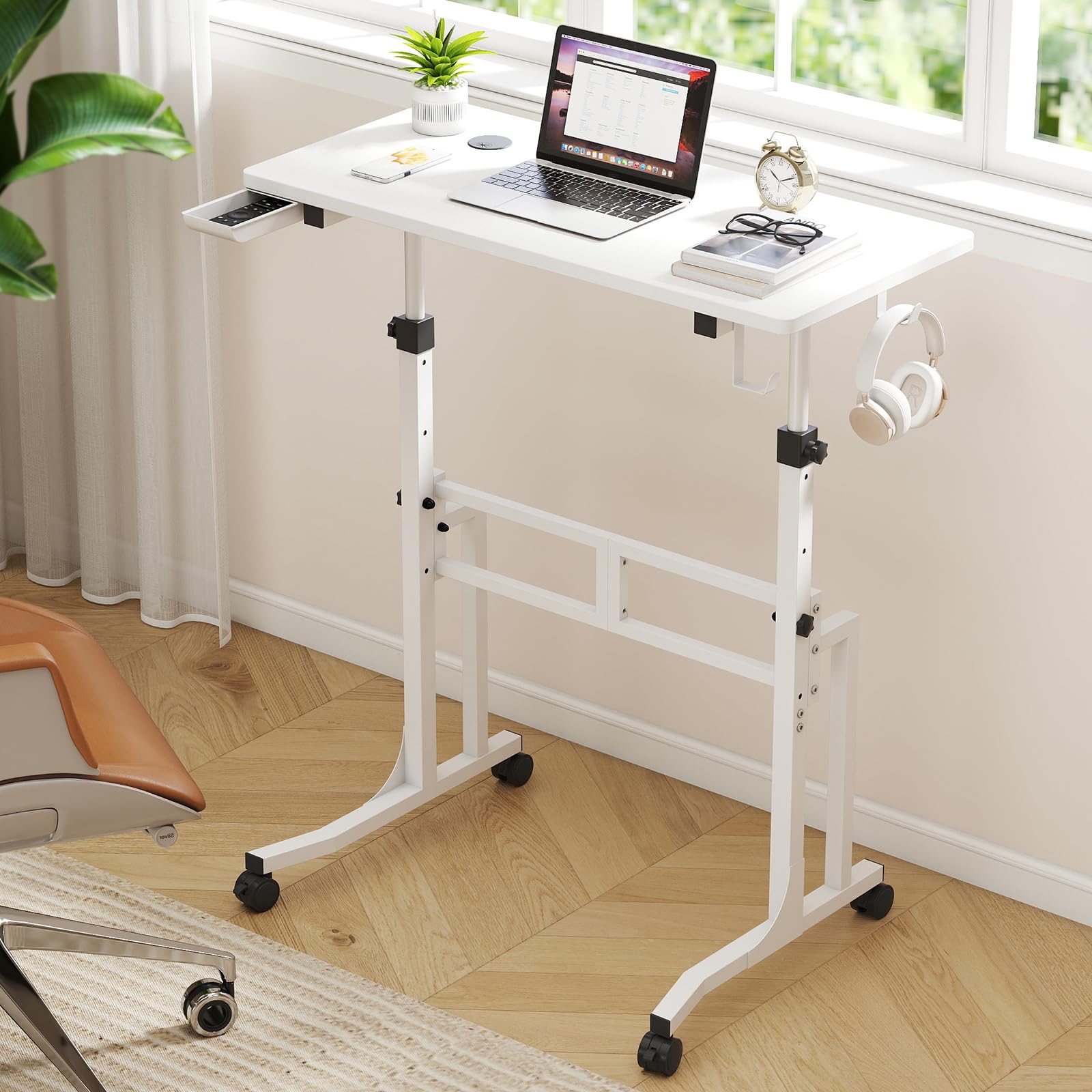 Stehschreibtisch, Fahrrad Rollentrainer Tisch mit Feststellbare Rollen, Höhenverstellung, Mobiler Computertisch, Fahrrad Schreibtisch für Fahrradtrainer, Kompatibel mit Walking Pad, 80cm x 40cm,Weißer