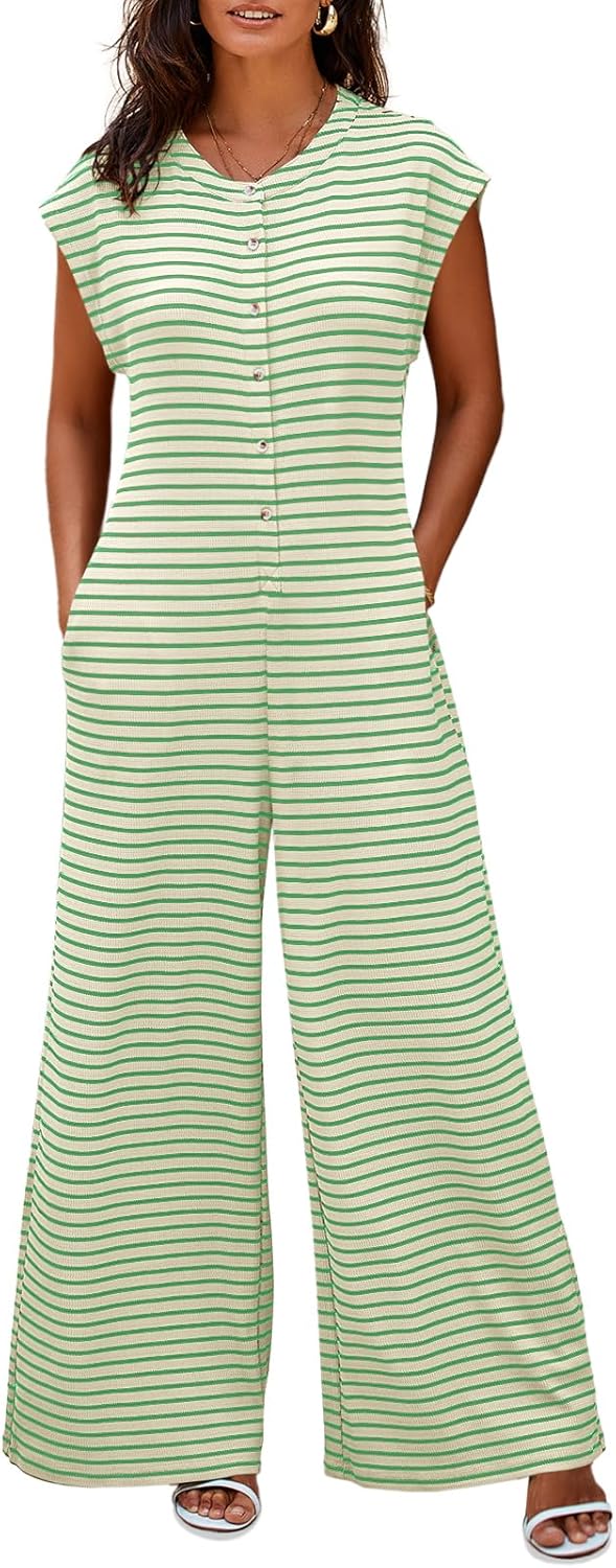Cicy Bell Womens Casual Striped Jumpsuits Summer Cap Sleeve Wide Leg Jumper Romper Button Down Travel Beach Outfits