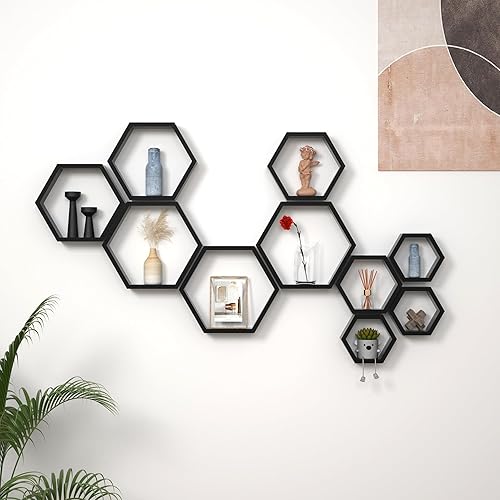 Miniatura 6 de Juego de 10 estantes flotantes hexagonales, estantes de panal montados en la pared, estante de pared de madera para baño, cocina, dormitorio, sala