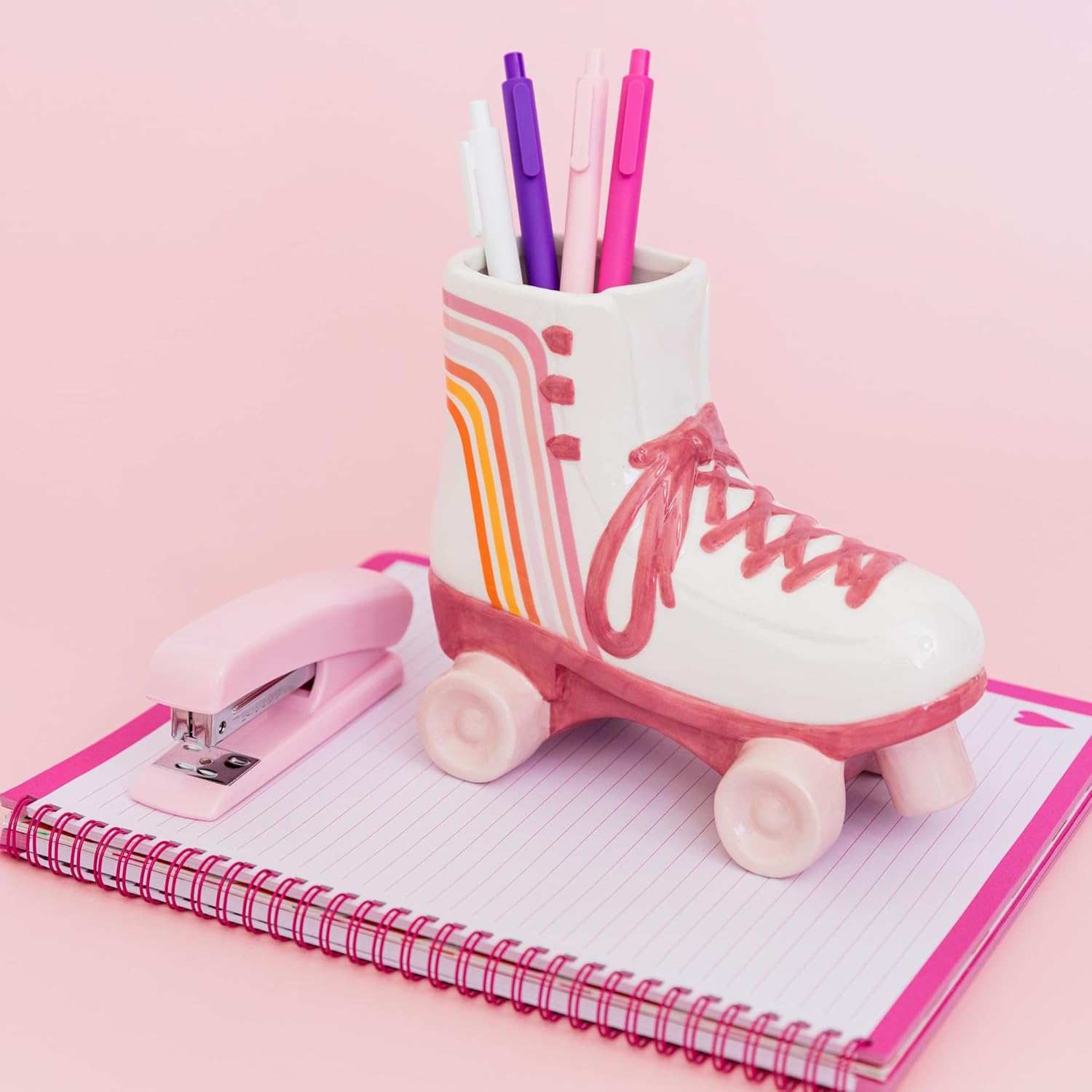 Steel Mill & Co Ceramic Roller Skate Vase, Cute Retro Flower Vase and Office Supplies, Pen and Pencil Holder, Vintage Decor for Home or Office, Small Round Container and Desk Organizer