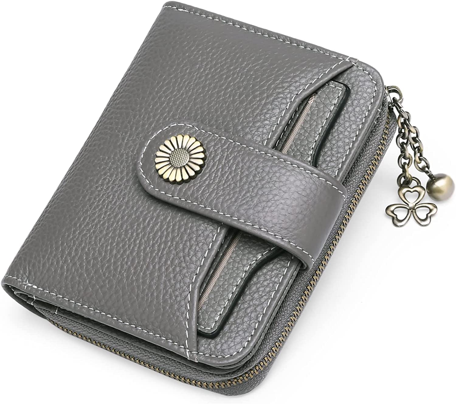 SENDEFNWomen's Genuine Leather RFID Blocking Wallet Short Leather Coin Purse with 8 Card Slots 2 ID Window, Metal Pendant and 1 Zip Pocket, B06-Light Green, Minimalist