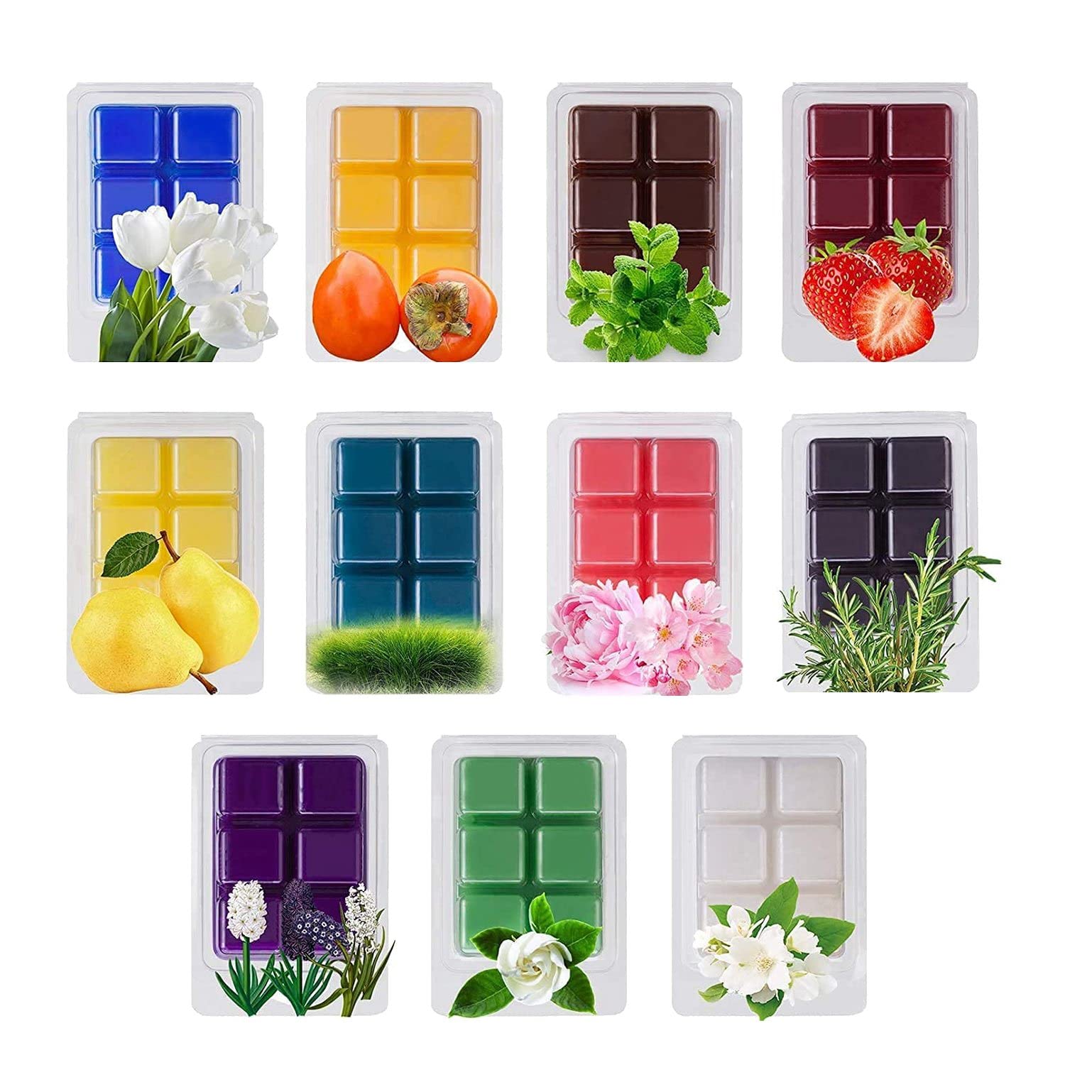 Lot De 12 Cires à Fondre Parfumées En Cire De Soja - 12 Parfums Relaxants (Fraise, Gardénia, Bois De Sauge, Etc.) 70g Chacun
