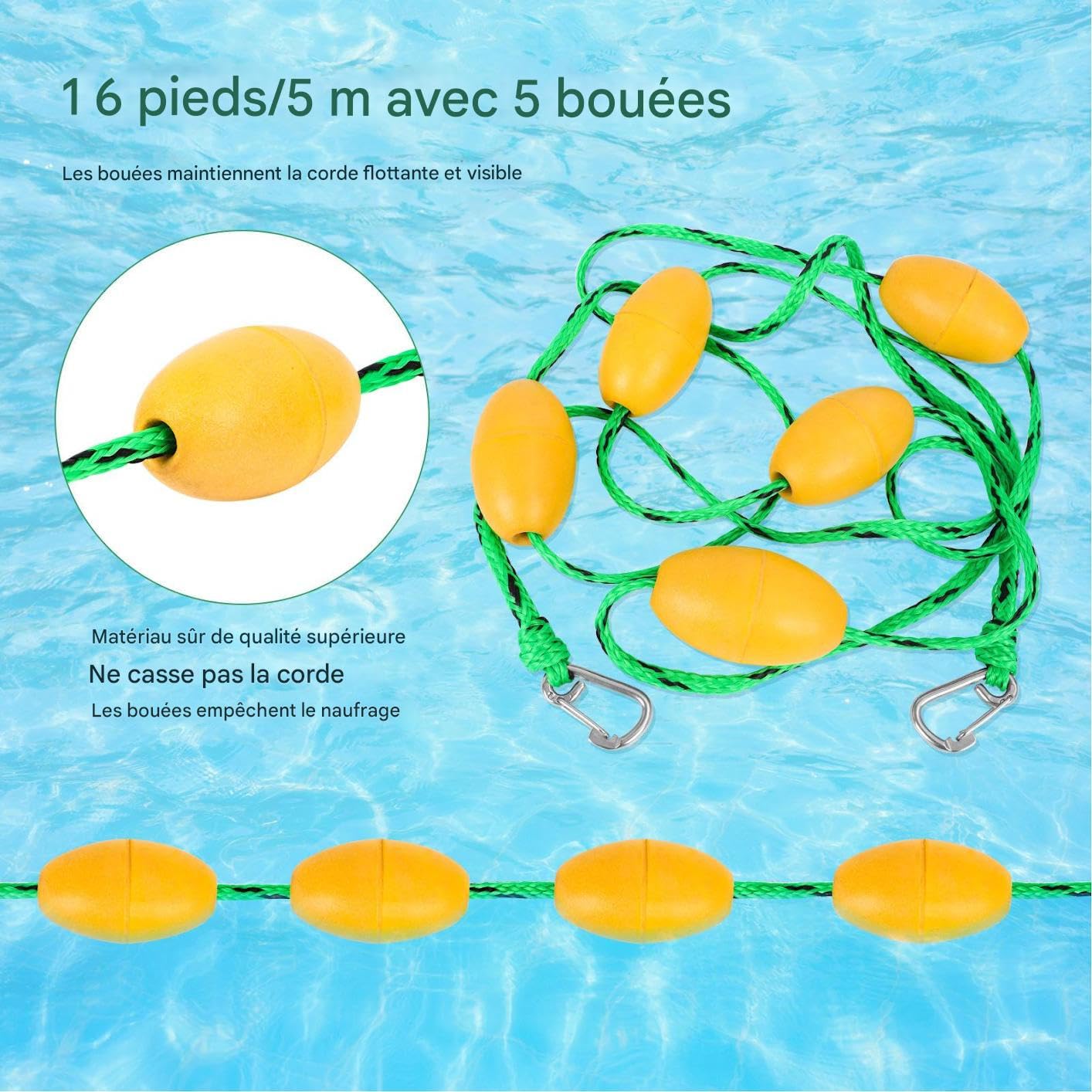 Flotteurs De Cordage pour Piscine, Ligne De Nage avec Flotteurs 5M pour Visibilité, Ligne de Couloir à Visibilité Élevée avec Crochets Inoxydables pour Plages Côtes et