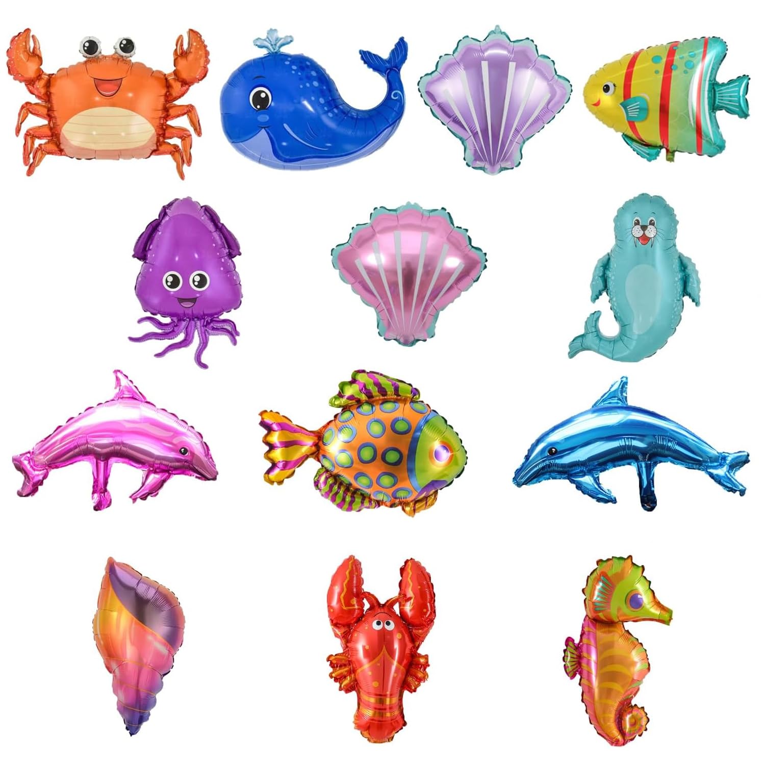32Pcs Mini Fish Balloons Clownfish Shark Dolphin Hippocampus Crab Sea Lion Conch Seahorse Foil Balloon Ocean Animal Foil Balloons for Kids Birthday Undersea Themed Party Decorations