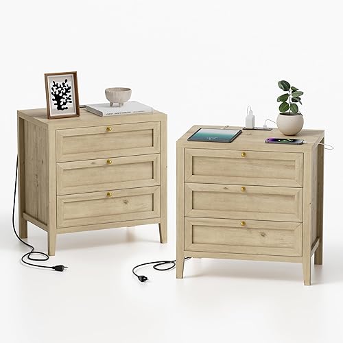 Miniatura 14 de Mesita de noche de granja con 3 cajones, mesita de noche más grande con estación de carga, mesa auxiliar de cama alta, mesitas de noche anchas para