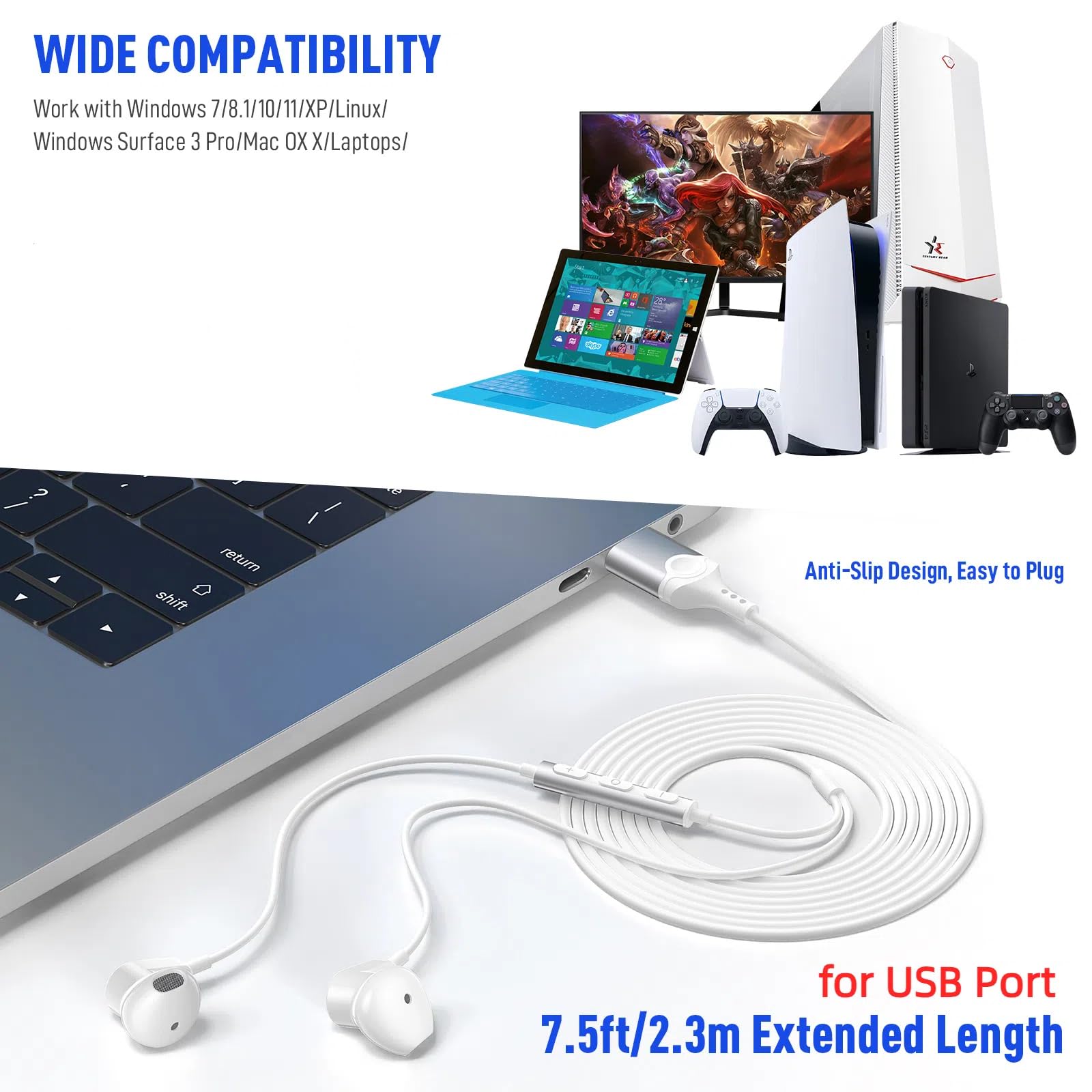 Auriculares USB para PC, portátil, magnéticos, de 7.5 pies, con cable, con control de micrófono, cable de aislamiento de ruido, auriculares para MacBook Pro, oficina, trabajo, escuela, zoom y 7