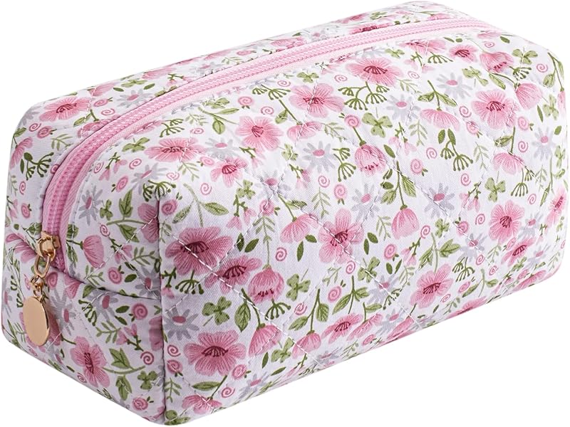 Necessaire de maquiagem acolchoada WHHJM com estampa floral, algodão, fechamento com zíper, Pink Big Flowers