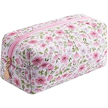 Cute Floral Makeup Bag Small Cotton Quilted Cosmetic Bag, Aesthetic Essential Bag Emergency Bag Gift for Women Girls Travel Accessories Pink Big Flowers