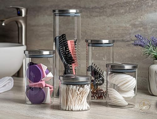 Miniatura 3 de Juego de 5 botes de cristal para cocina, baño y despensa, ideal para harina, azúcar, café, tarro de galletas, dulces, aperitivos y más.