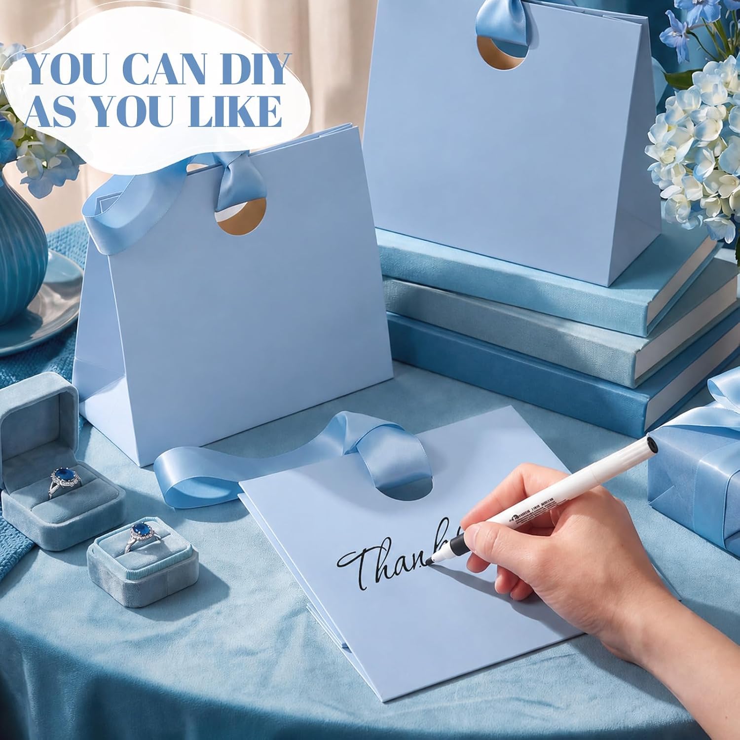 Feifeiya 30 Pcs Small Dusty Blue Gift Bags with Ribbon Handles 7.87" x 3.54" x 7.09" Bulk Paper Goodie Bags for Birthday Wedding Bridal Baby Shower Party Favors