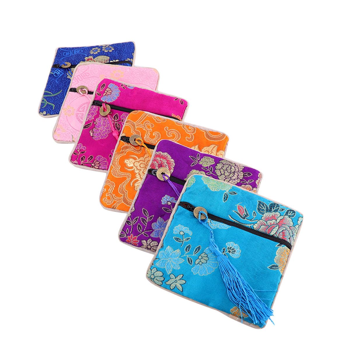 12pcs Chinese Style Embroidered Silk Coin Purses Set, Multi-color Zip Closure, Small Jewelry Storage Pouches for Women, Portable Oriental Money Bags for Travel and Random Style