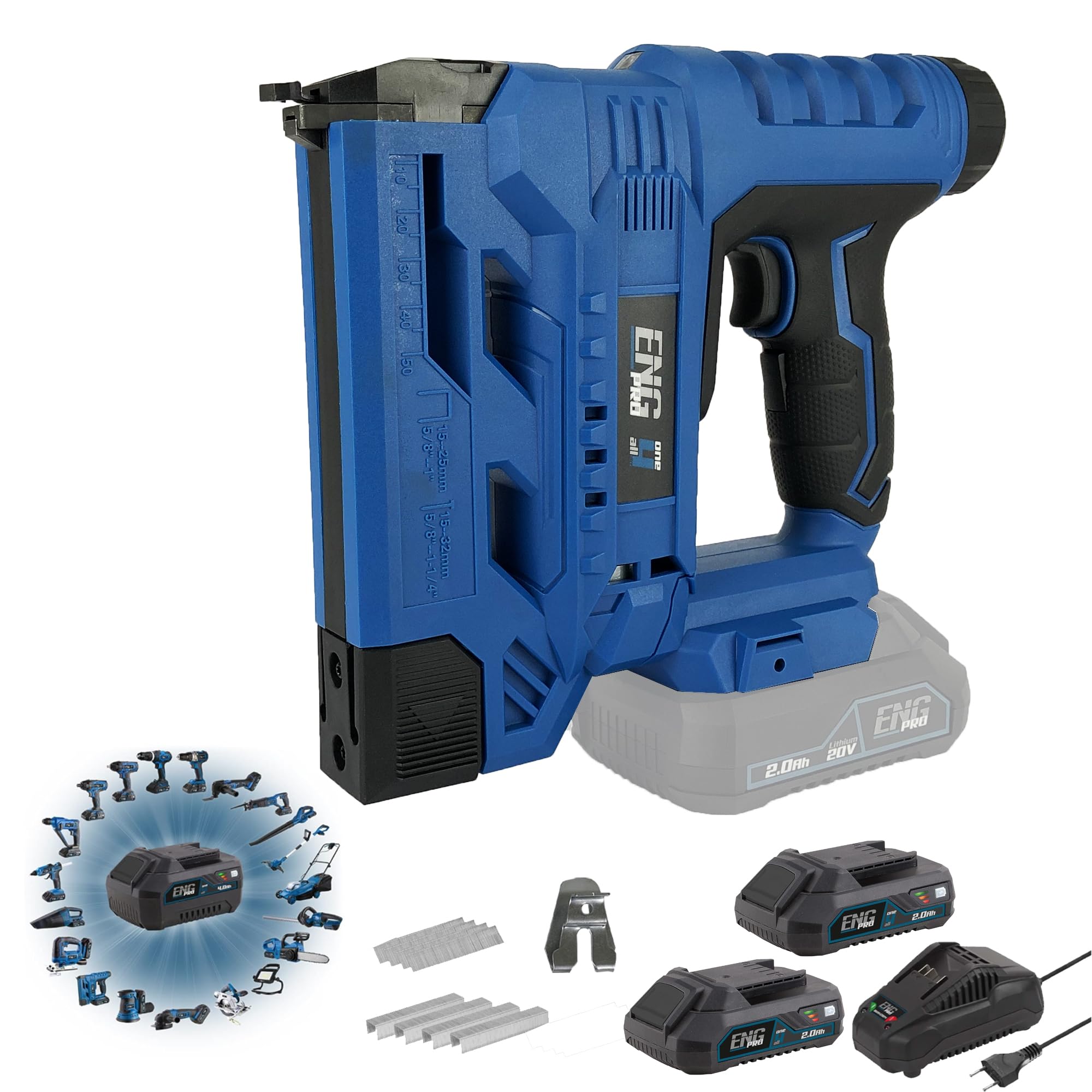 Graffettatrice e Sparachiodi 2-in-1 | Linea Professionale ONE4ALL 20V | 30 Colpi al Minuto, 6 Regolazioni di Pressione | Sicurezza Ergonomica, Luce LED | 2 Batterie 2.0 Ah