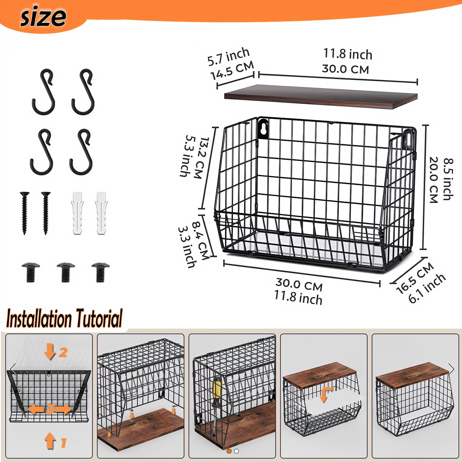 Frutero y Organizador de Cocina Plegable | Almacenaje Apilable para Mesa y Pared | con Tabla de Madera y Ganchos | Negro, Acero al Carbono