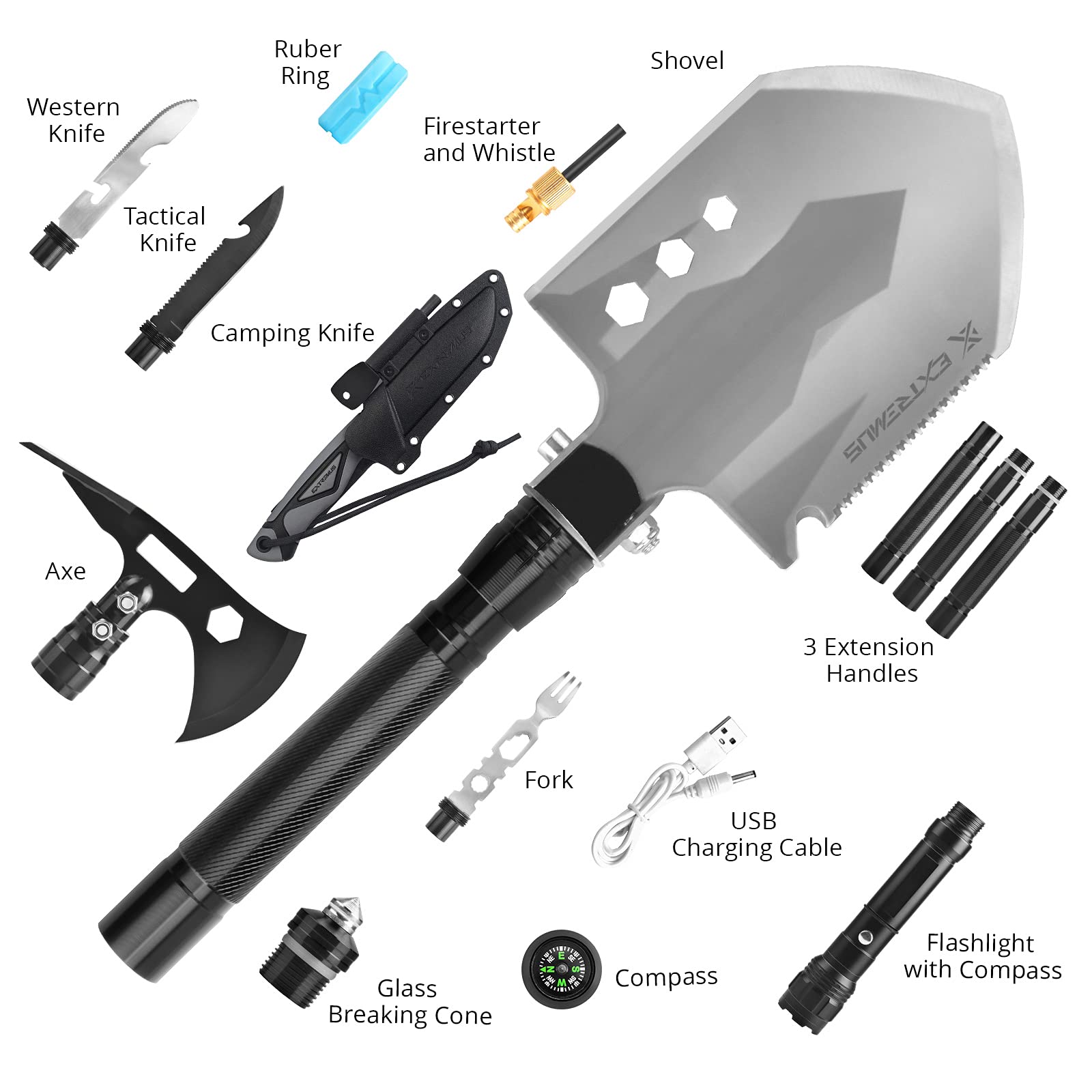 Extremus Viper Survival MultiTool, Shovel, Axe, Flashlight