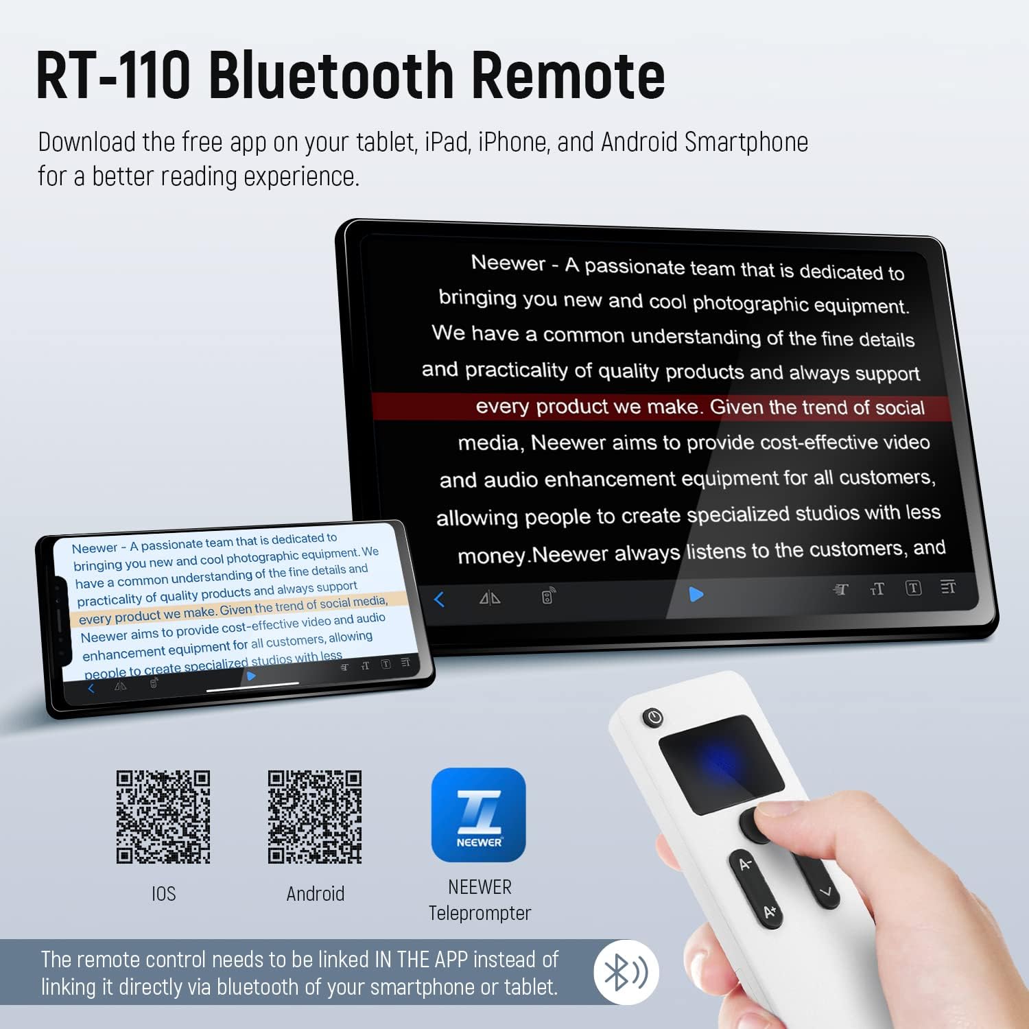NEEWER Teleprompter Remote Control (RT110), Connects via Bluetooth