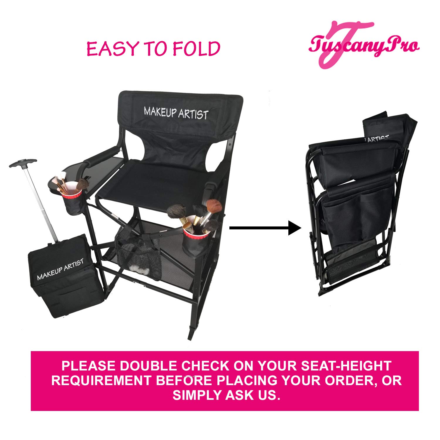 TuscanyPro Portable Heavy-Duty Makeup Artist Director Chair with Storage Cart - Perfect for Makeup, Salon, Events with 29 Inch Seat Height - Carry Bag Included - 10 Years Warranty - US Patented
