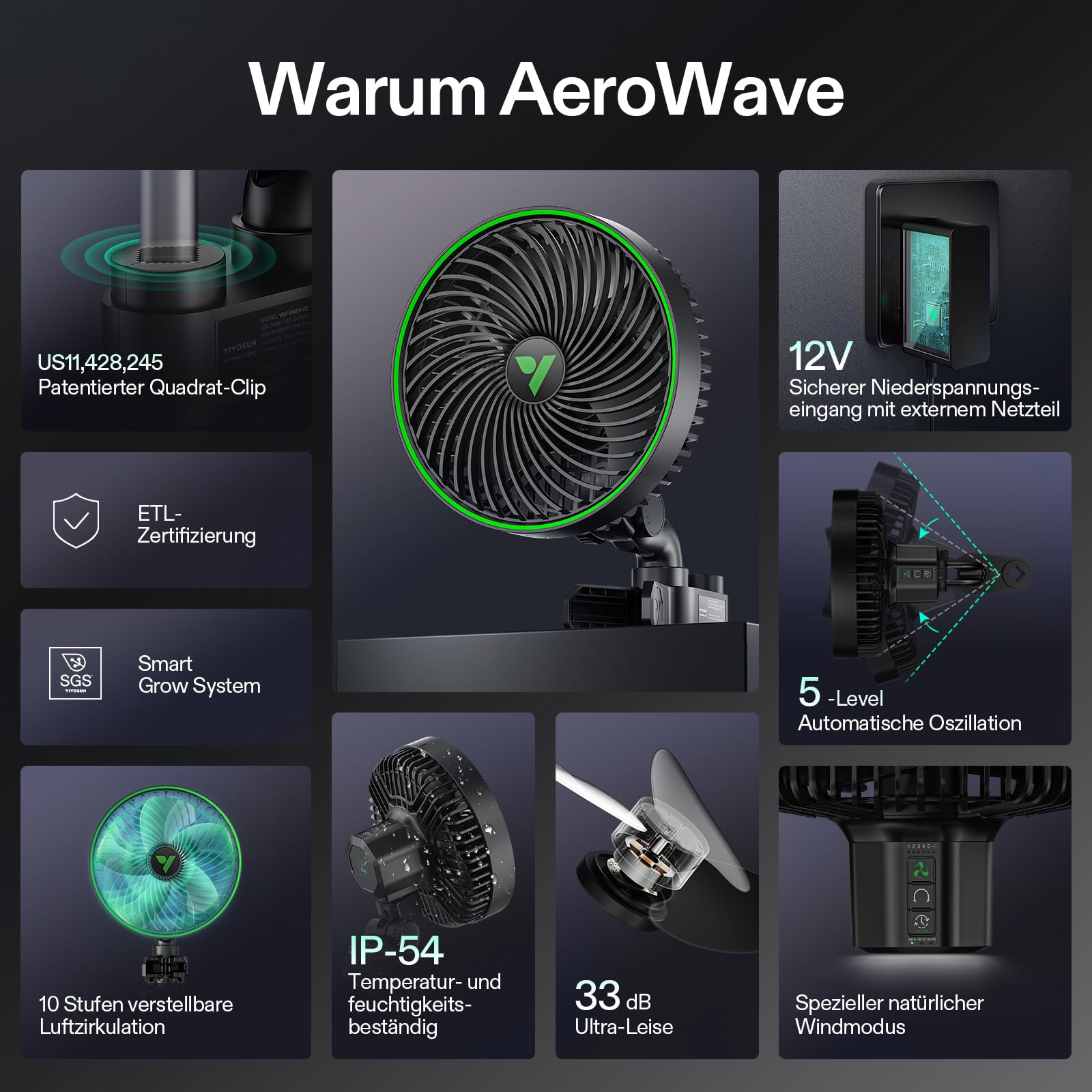 VIVOSUN E6 Gen2 Grow Ventilator Oszillierend Leise Klein for Growzelt, 10 Geschwindigkeiten & 2 Modi, EC-Motor, Clip Ventilator Klemmbar Mini Fan für Growbox, IP54, Timer,APP/WiFi Steuerung Schwarz