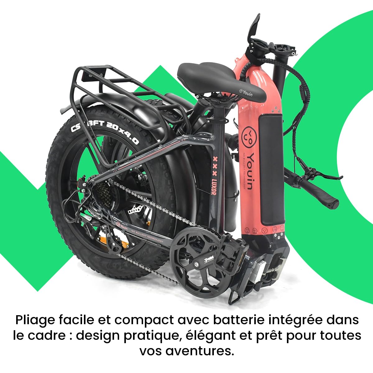 YOUIN NO BULLSHIT TECHNOLOGY Youin Luxor BK1716 Vélo électrique pliable Fat 20" Moteur 250W Batterie intégrée amovible Freins hydrauliques Changement de vitesse 7 vitesses Portée réelle de 60 km