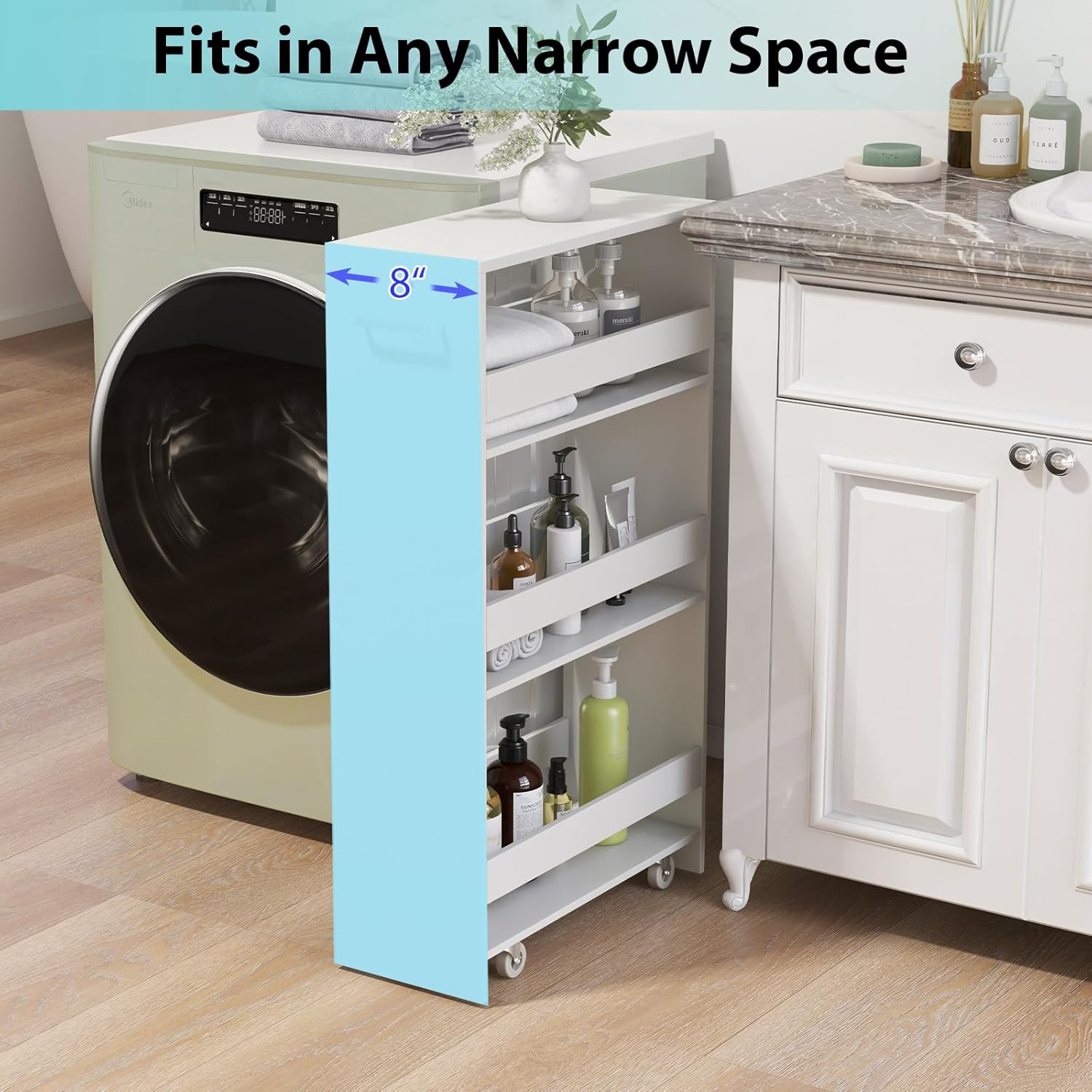 POWERSTONE 4-Tier Slim Storage Cart, Narrow Kitchen Rolling Cart w/Handle & Open Shelves, Skinny Slide Out Utility Organizer Trolley for Kitchen Bathroom Laundry Small Spaces White