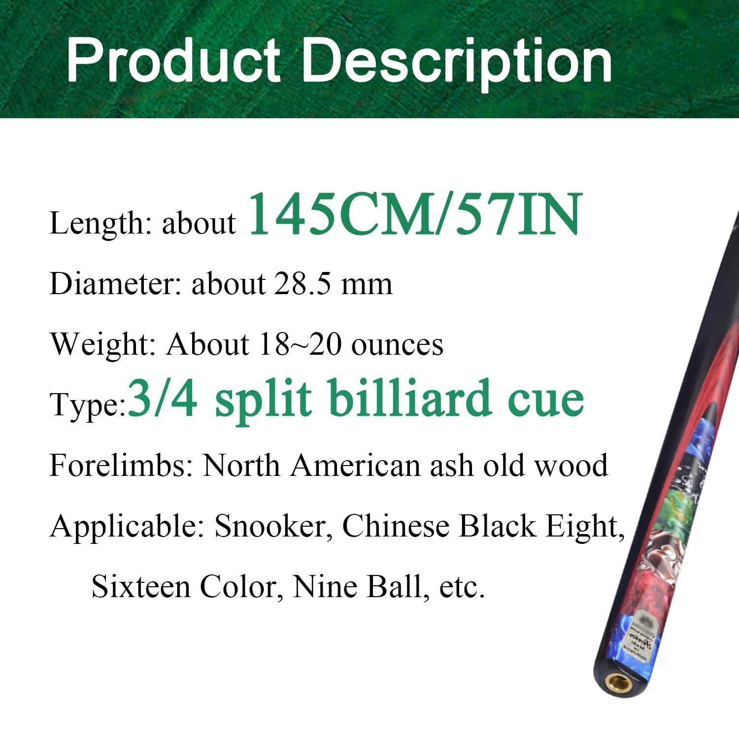 Snooker-Queue , 3/4 Billard Queue Snooker Chinesische Acht Schwarz 11,5 MM