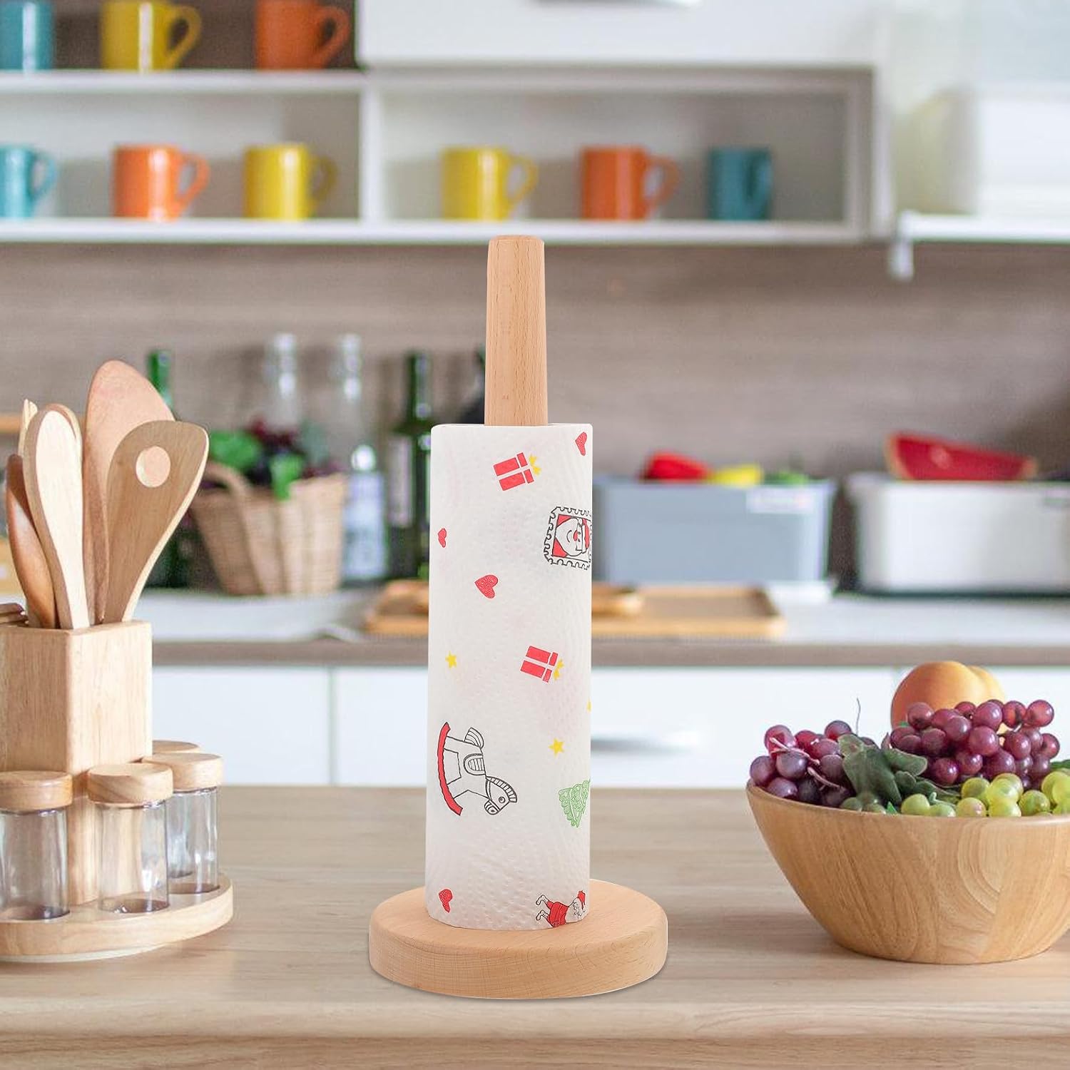 UPKOCH Vertical Kitchen Paper Towel Holder Stand, Solid Beech Wood Roll Organizer Round Base, Countertop Desktop Paper Towel Dispenser for Home and Commercial Use