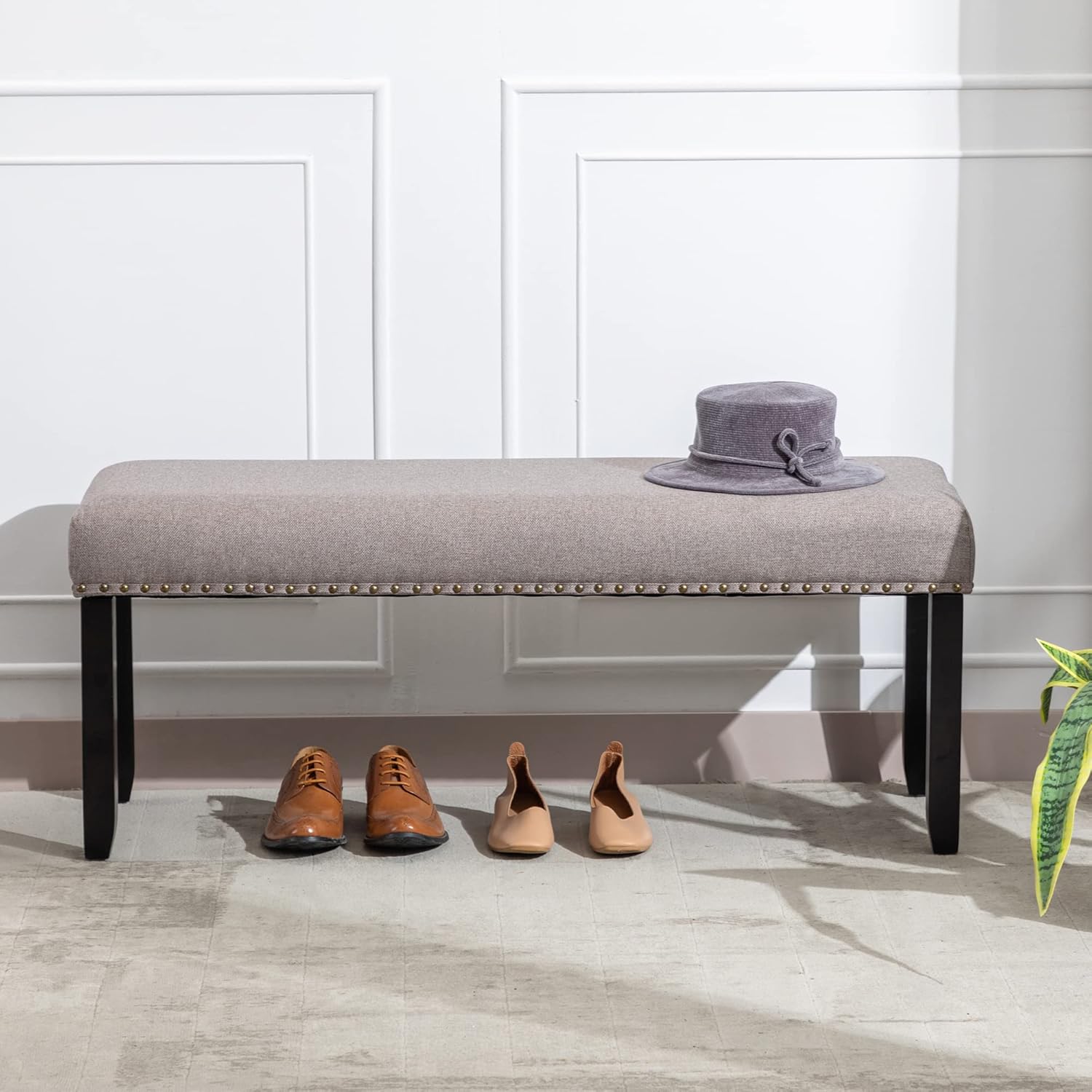DUHOME Upholstered Entryway Bench, Fabric Bedroom Bench Ottoman Bench End of Bed Bench Dining Bench with Nailhead Trim Wooden Legs for Living Room Dining Room, Cream