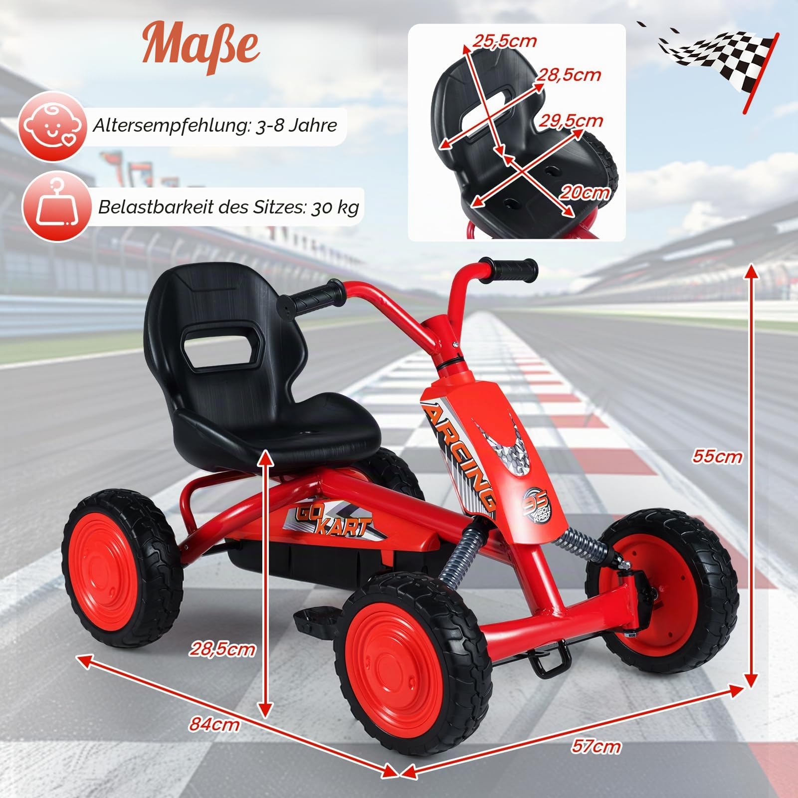 FANTASK Kinder Gokart mit Pedal, Verstellbarer Sitz, Vor- & Rückwärtsgang, Belastbar bis 30 kg, Outdoor Tretauto für Jungen & Mädchen ab 3 Jahren (Rot)