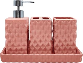 Ashford 4-Piece Ceramic Bathroom Accessory Set with Lotion Dispenser, Toothbrush Holder, Tumbler & Tray, Coral