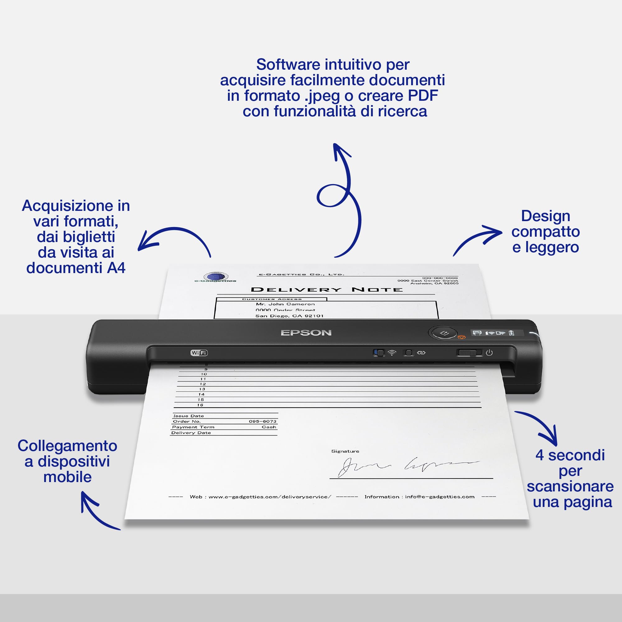 Scanner Epson WorkForce ES-60W Portatile Wi-Fi 600dpi 8.5 ppm - Dettaglio