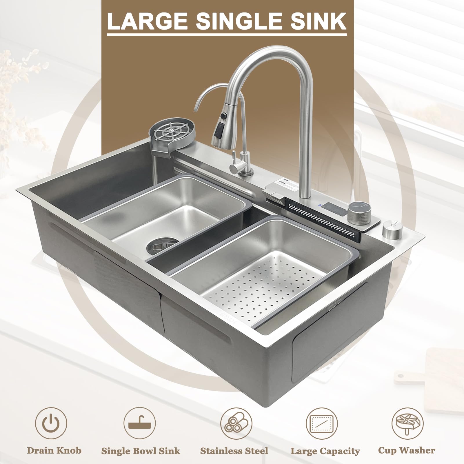Fregadero en Cascada 1 Seno Grande 80x50cm Plata, Acero Inoxidable Cepillado, Multifuncional