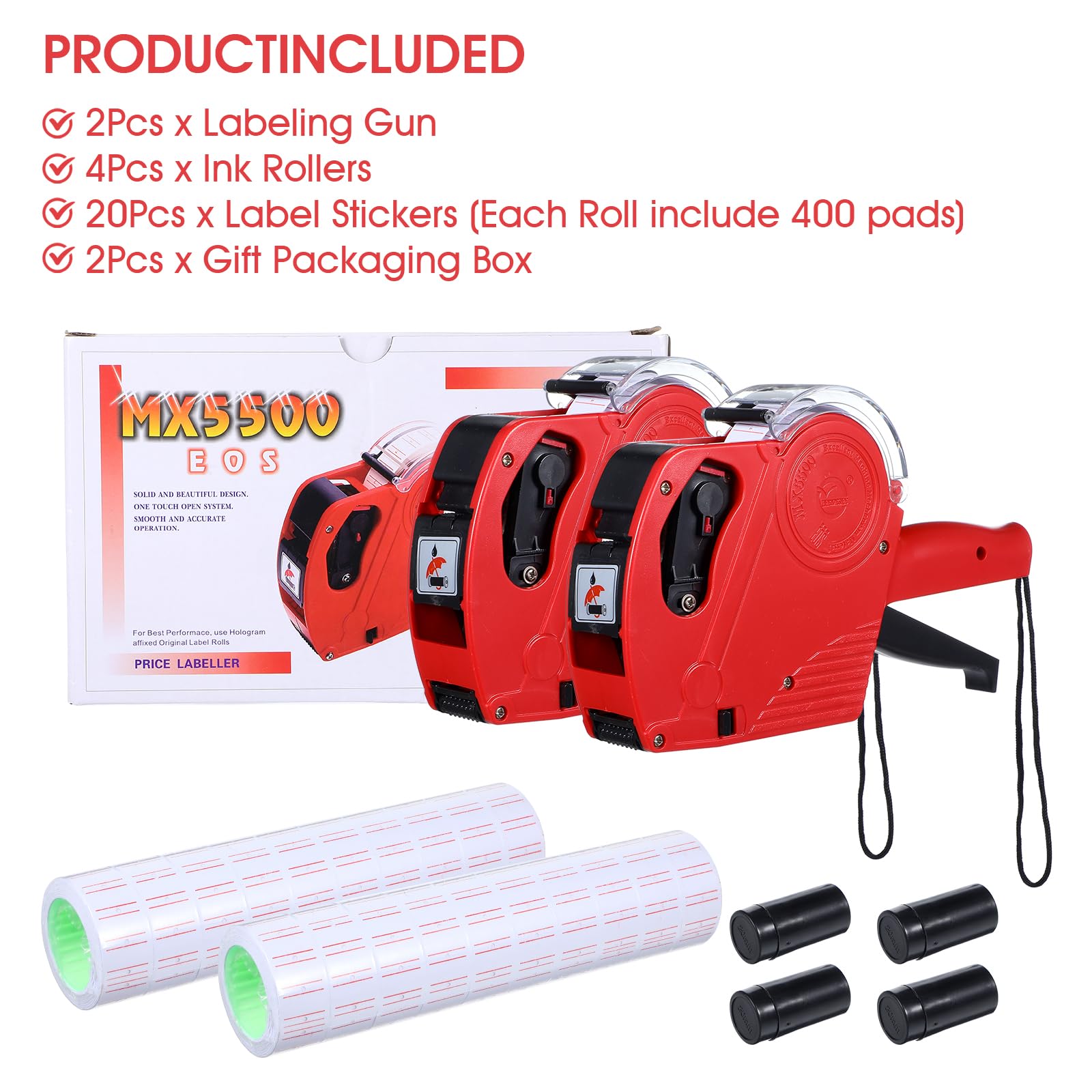 Lot de 2 pistolets à prix – Pistolet à étiquettes de prix à 8 chiffres avec 8 000 étiquettes et 4 rouleaux encreurs – Kit d'étiquettes de prix rouges pour détaillants, supermarchés