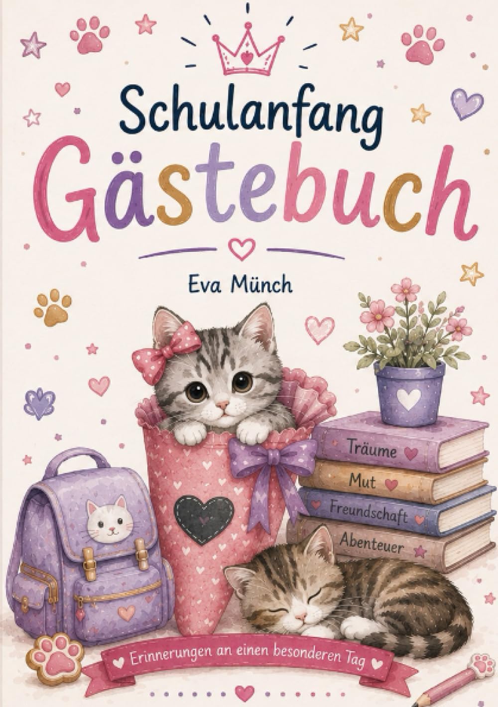 Gästebuch Schulanfang Thema Katzen: A5, blanko Seiten zum selbst gestalten, für Glückwünsche und Erinnerungen