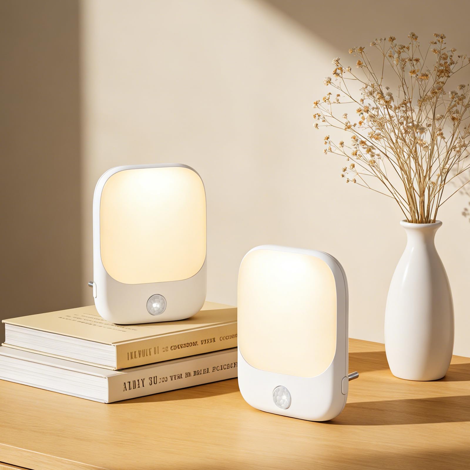 ORIA Lampka nocna z czujnikiem ruchu, 2 sztuki lamp wtykowych, 5 regulowanych jasności, tryb ON/AUTO/OFF, lampka nocna LED do pokoi dziecięcych, sypialni, schodów, kuchni - ciepła biel