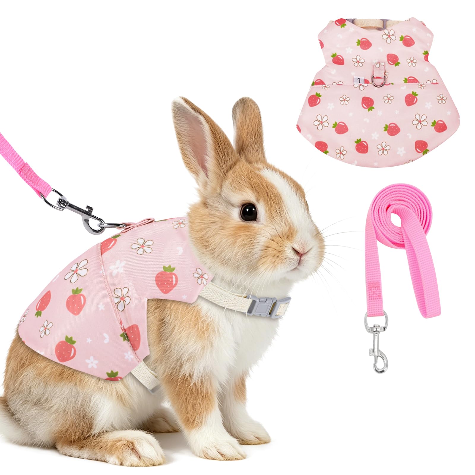 Yanmucy Bunny Harness and Leash Set Adjustable Escape Proof Rabbit Harness Double Buckle Bunny Accessories for Small Animal Pets Walking Training (Green Daisy, M -Chest(10.2-11.8in))