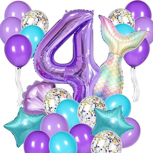 Miniatura 7 de Decoraciones de cumpleaños de sirena juego de 25 piezas de suministros de fiesta con cola de sirena, concha, estrella, globos de látex y globo del