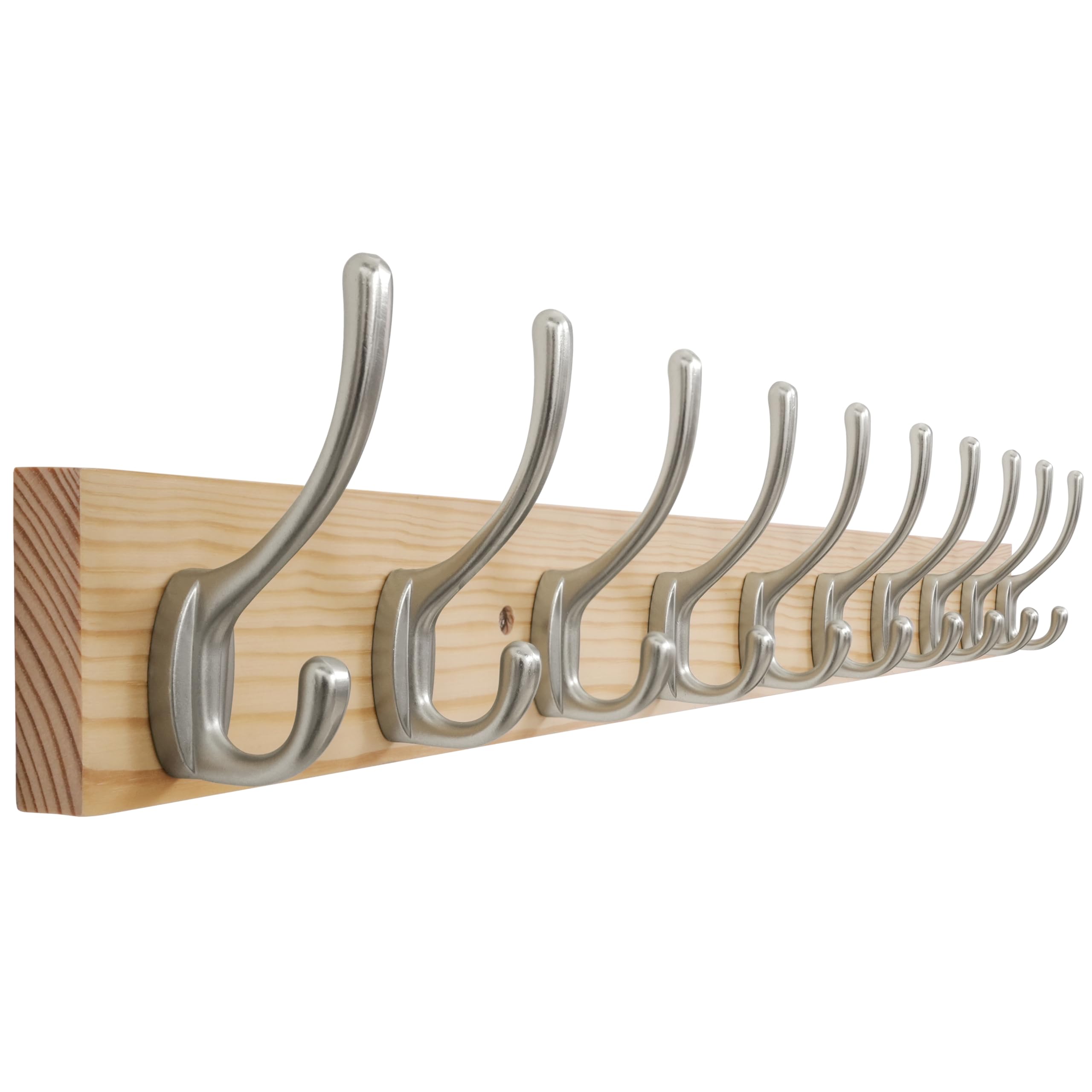 SKOLOO Solid Pine Wood Wall Mounted Coat Hooks, 71cm Long, 10-Hook Modern Entryway Organizer with 16" Stud Installation, for Hallway, Bathroom, Kitchen (Natural Wood & Nickel Hooks)​