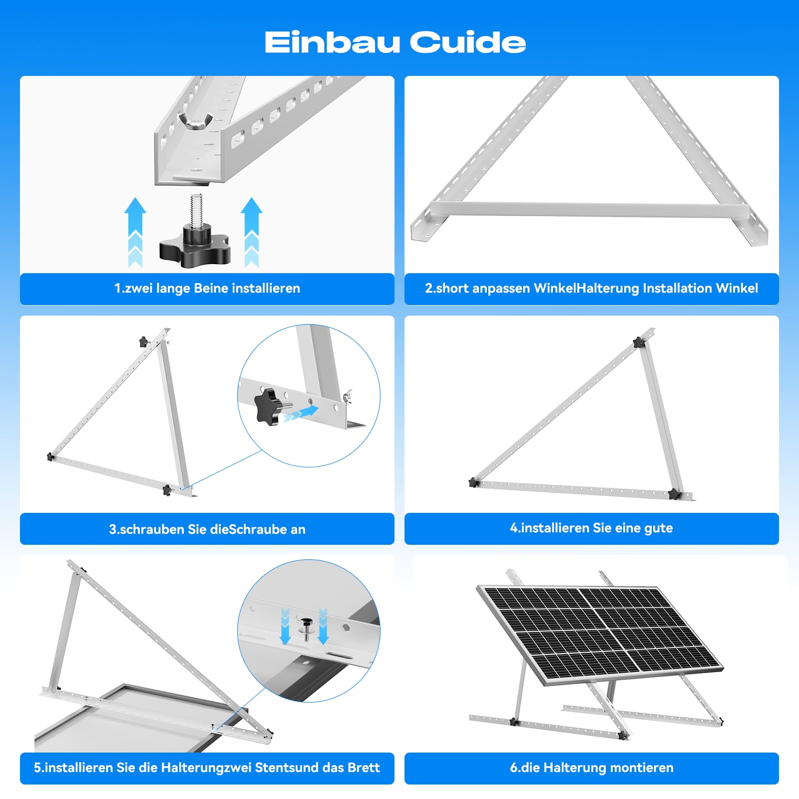 4 x 118 cm soporte panel solar, Ajustable De 0° a 90°, 46.5 Pulgadas Módulo Solar, Juego de Fijación Para Techo Plano, Para Panel Solar de 100W-400W, Barco, Caravana, Techo, Sistema off-Grid