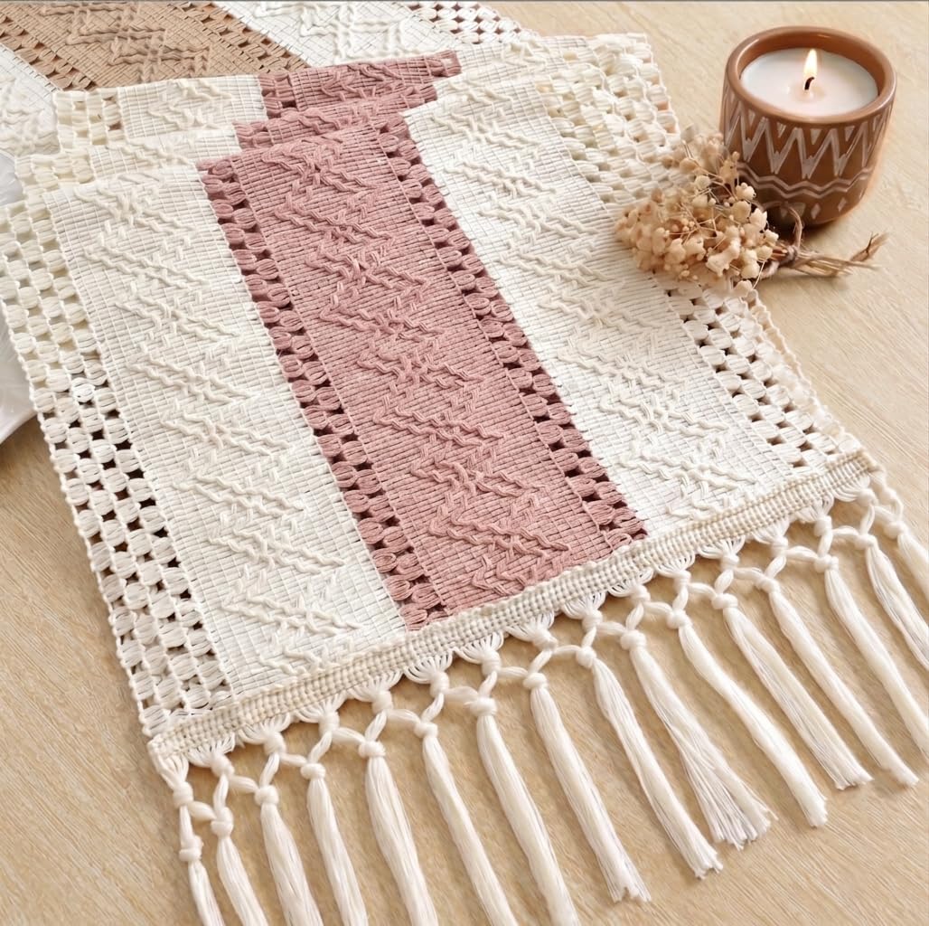 FEXIA Boho Table Runner with Tassels for Home Decor 12x72 Inches Pink
