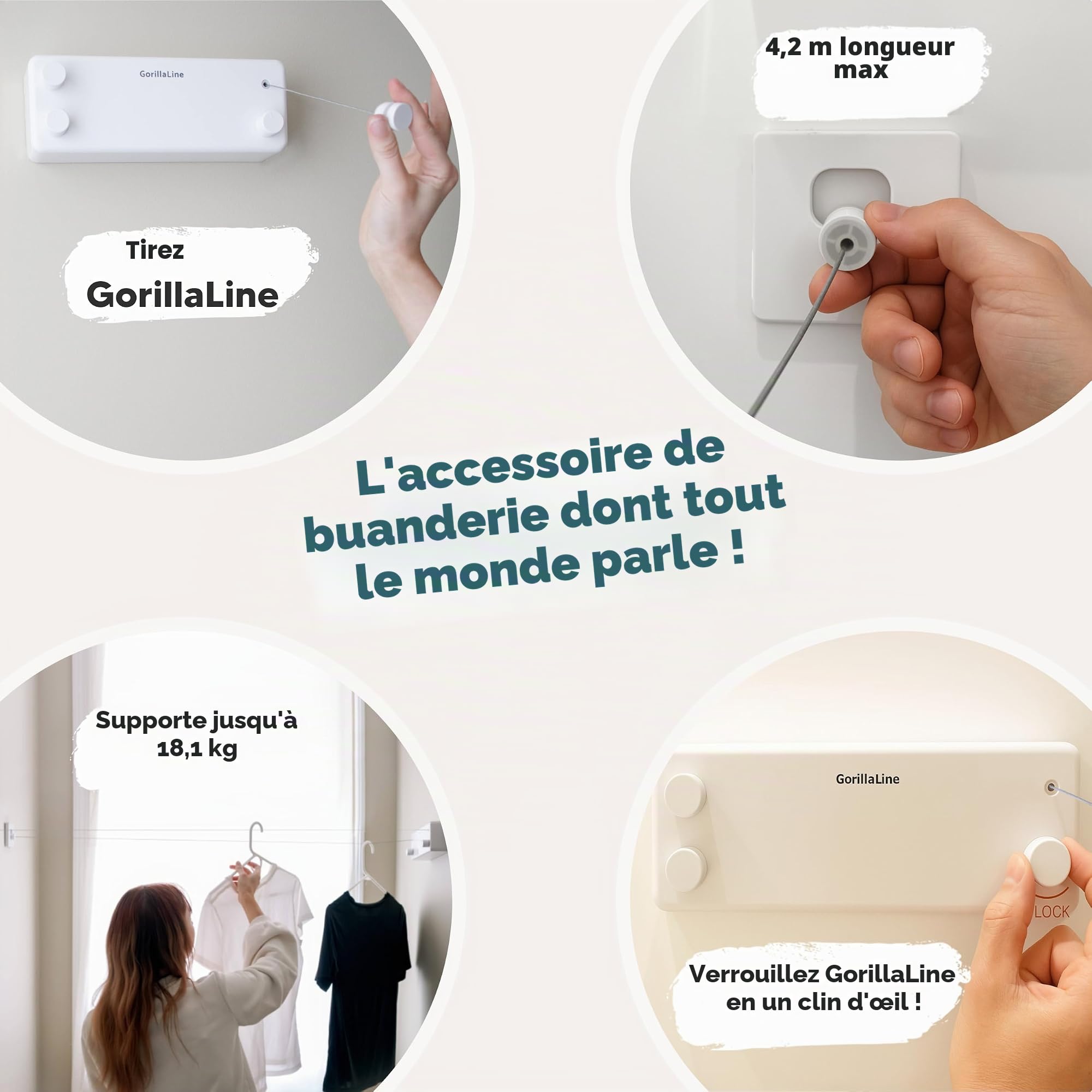 GorillaLine Corde à Linge rétractable pour intérieur et extérieur – Corde à Linge Robuste – Séchoir Mural – Séchage à l'air Libre